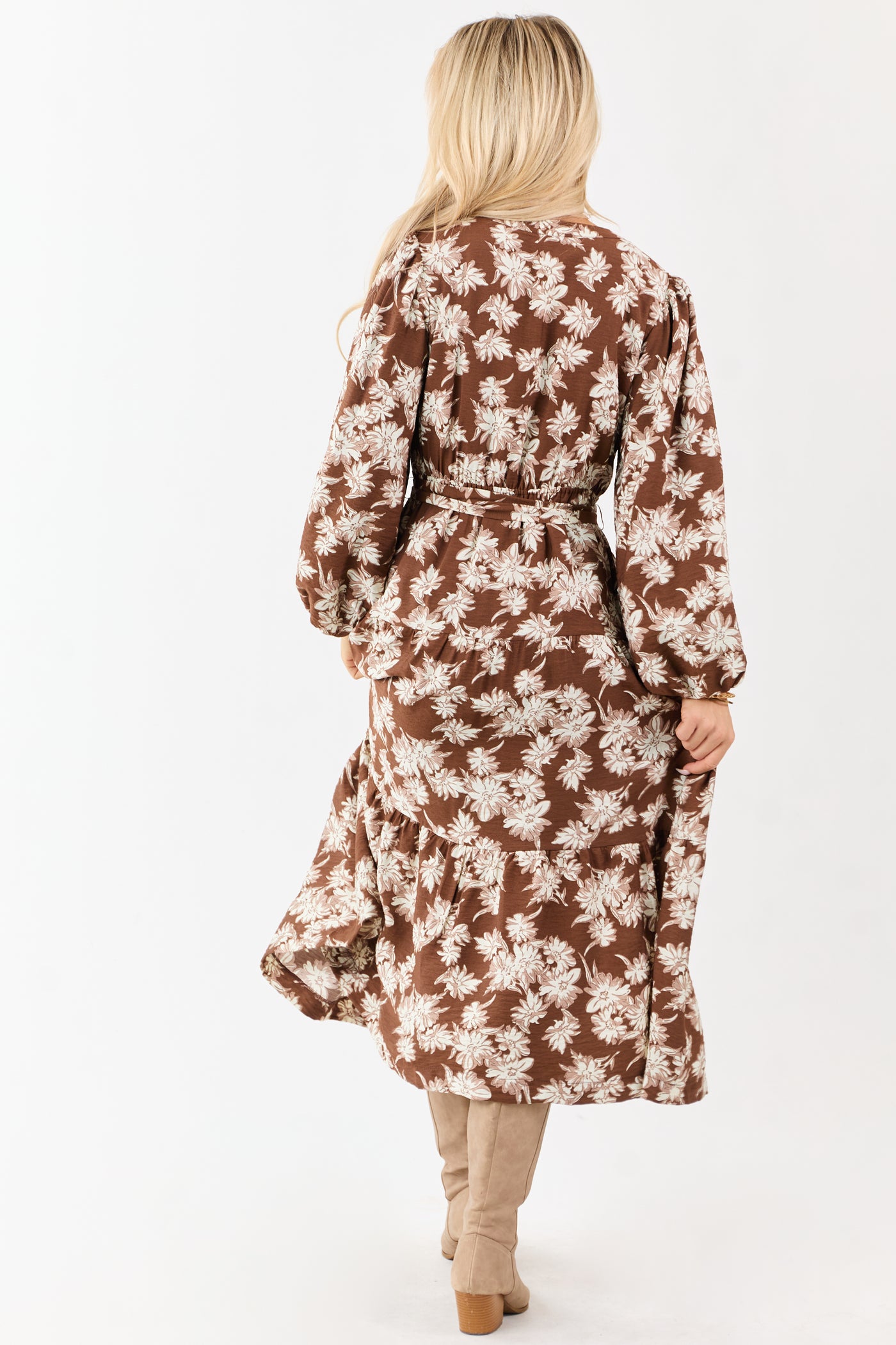 Light Cocoa Floral Waist Tie V-Neck Midi Dress