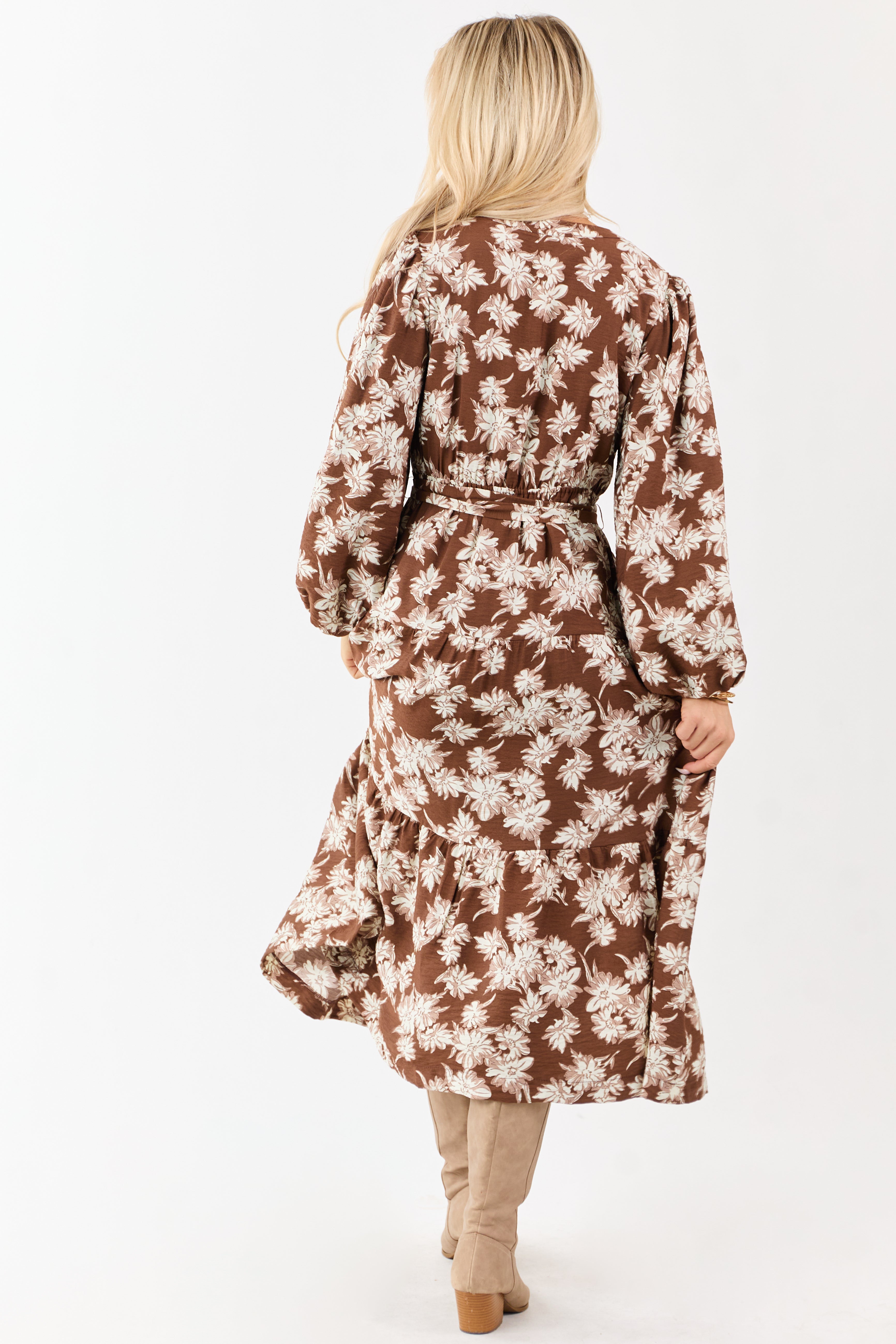 Light Cocoa Floral Waist Tie V-Neck Midi Dress