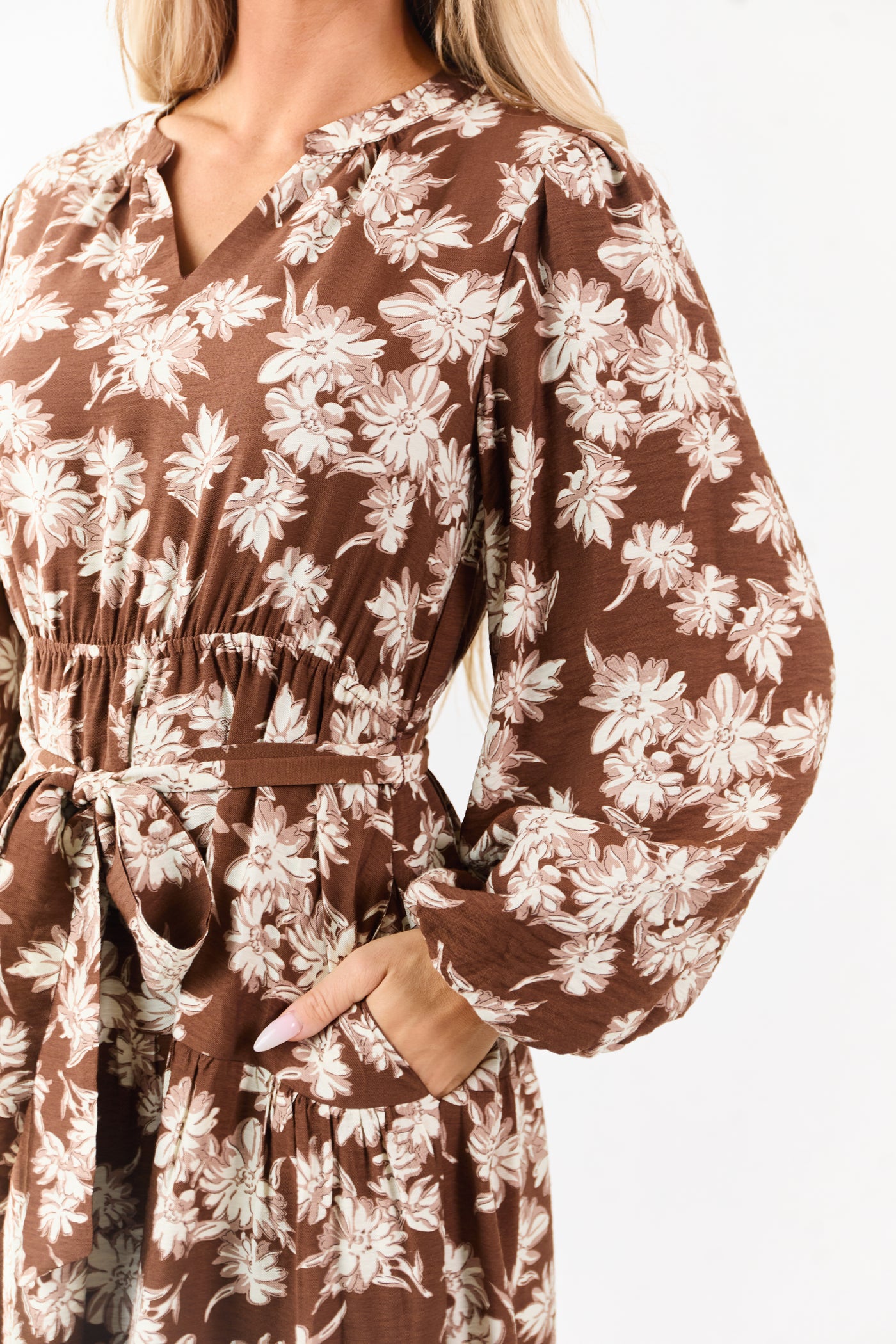 Light Cocoa Floral Waist Tie V-Neck Midi Dress