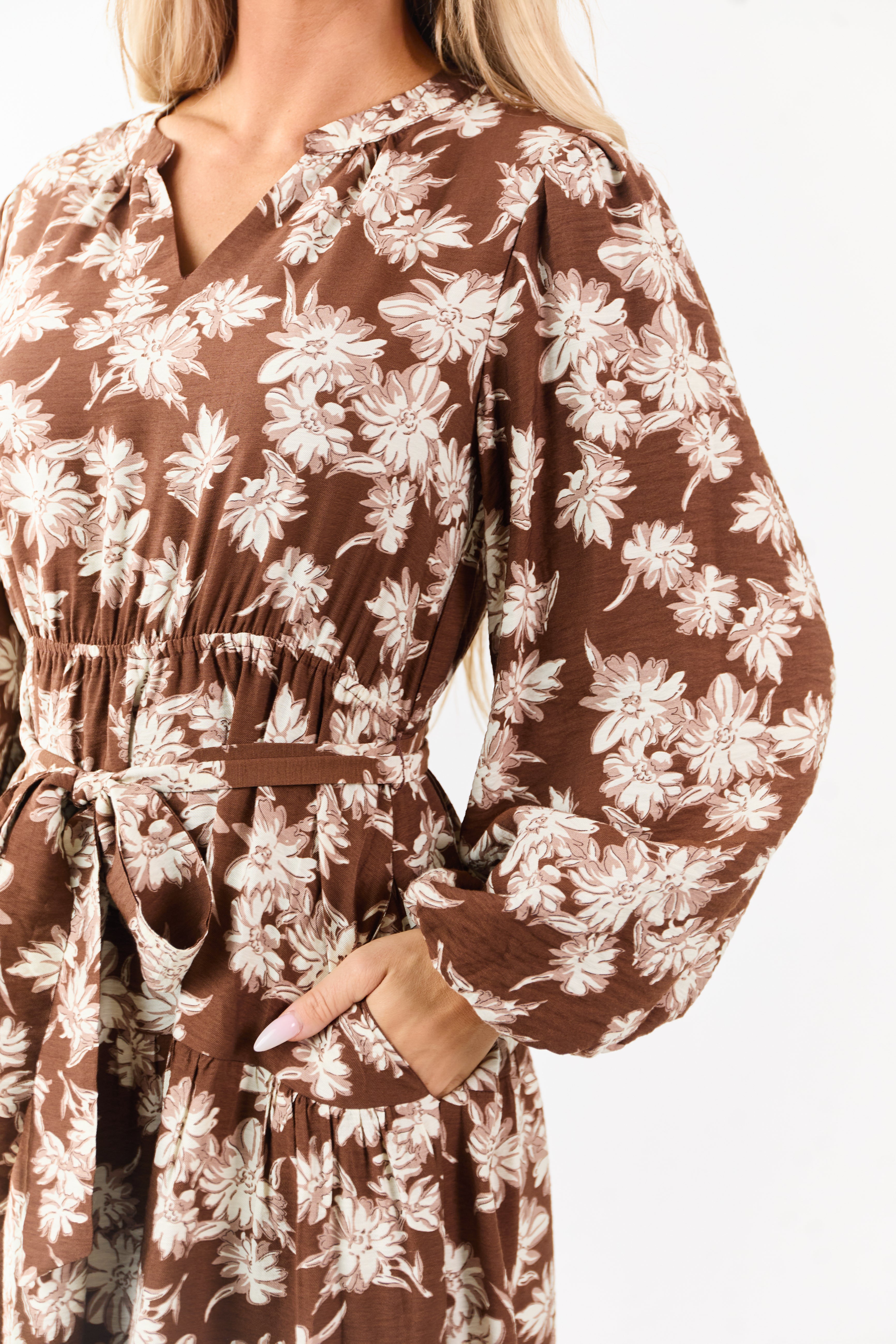 Light Cocoa Floral Waist Tie V-Neck Midi Dress