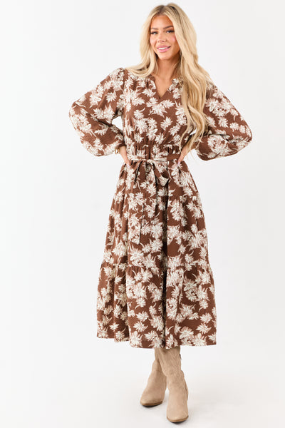 Light Cocoa Floral Waist Tie V-Neck Midi Dress