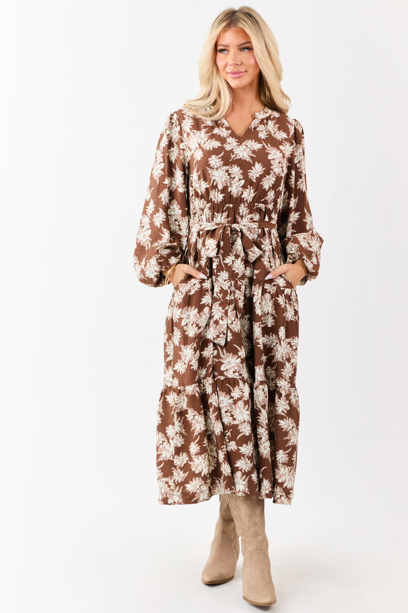 Light Cocoa Floral Waist Tie V-Neck Midi Dress