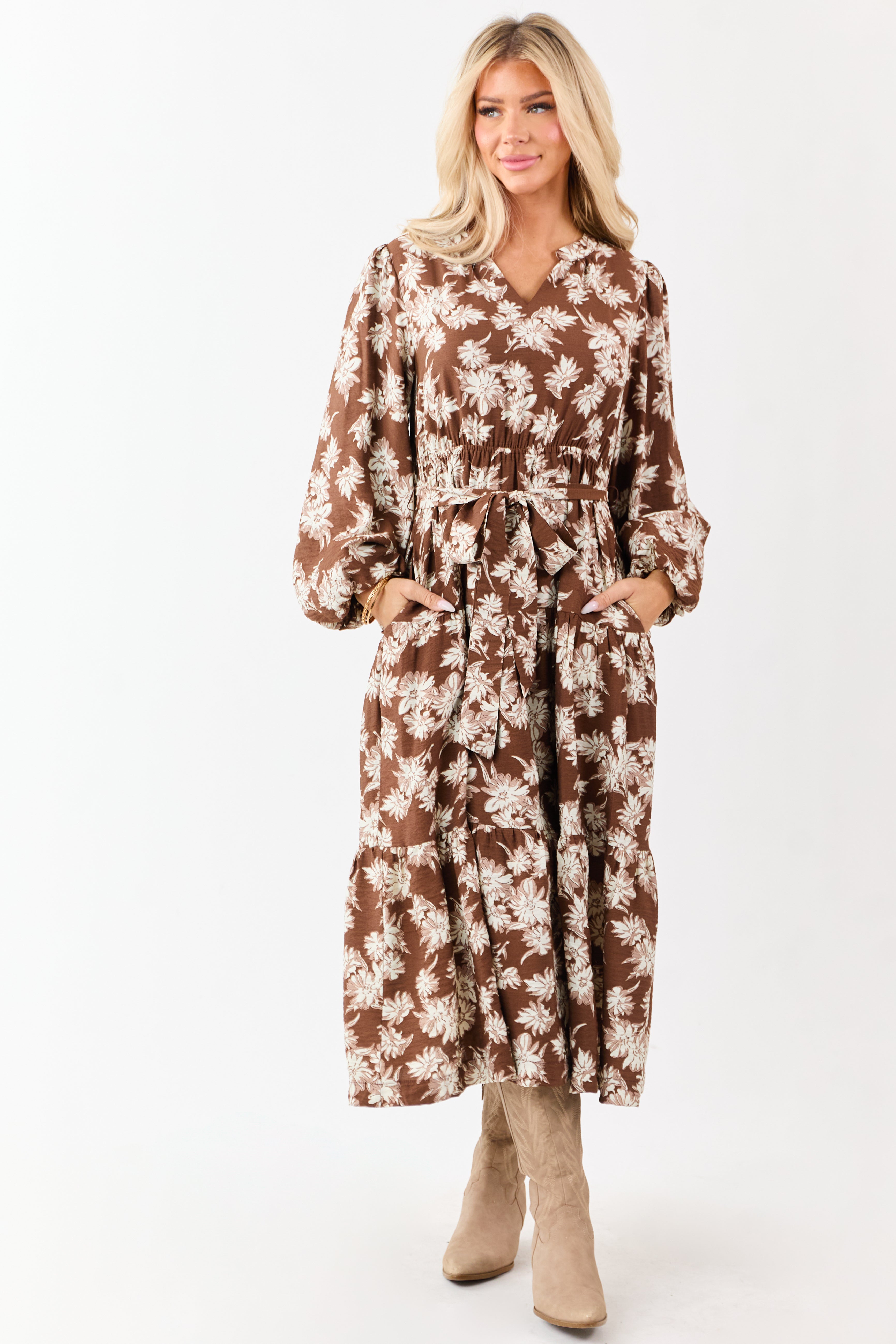Light Cocoa Floral Waist Tie V-Neck Midi Dress