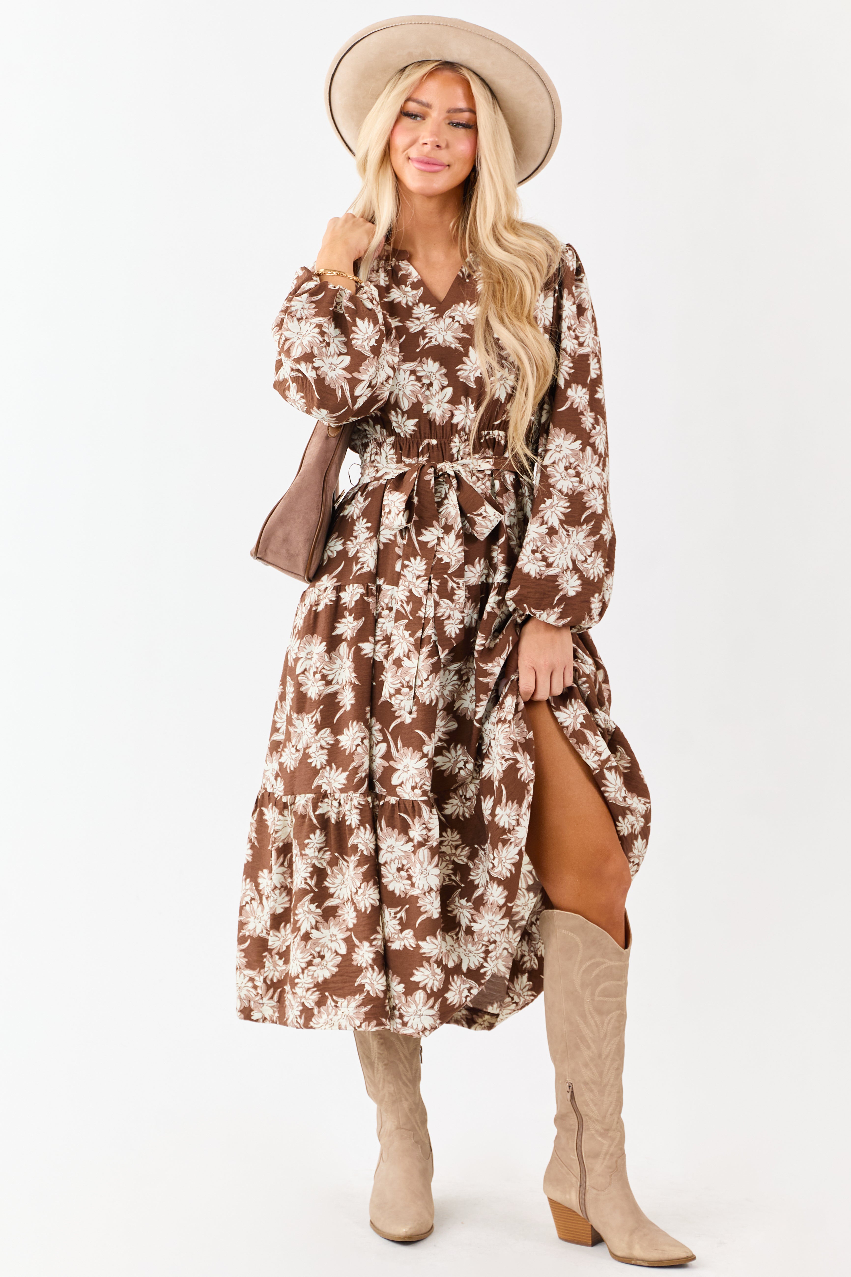 Light Cocoa Floral Waist Tie V-Neck Midi Dress