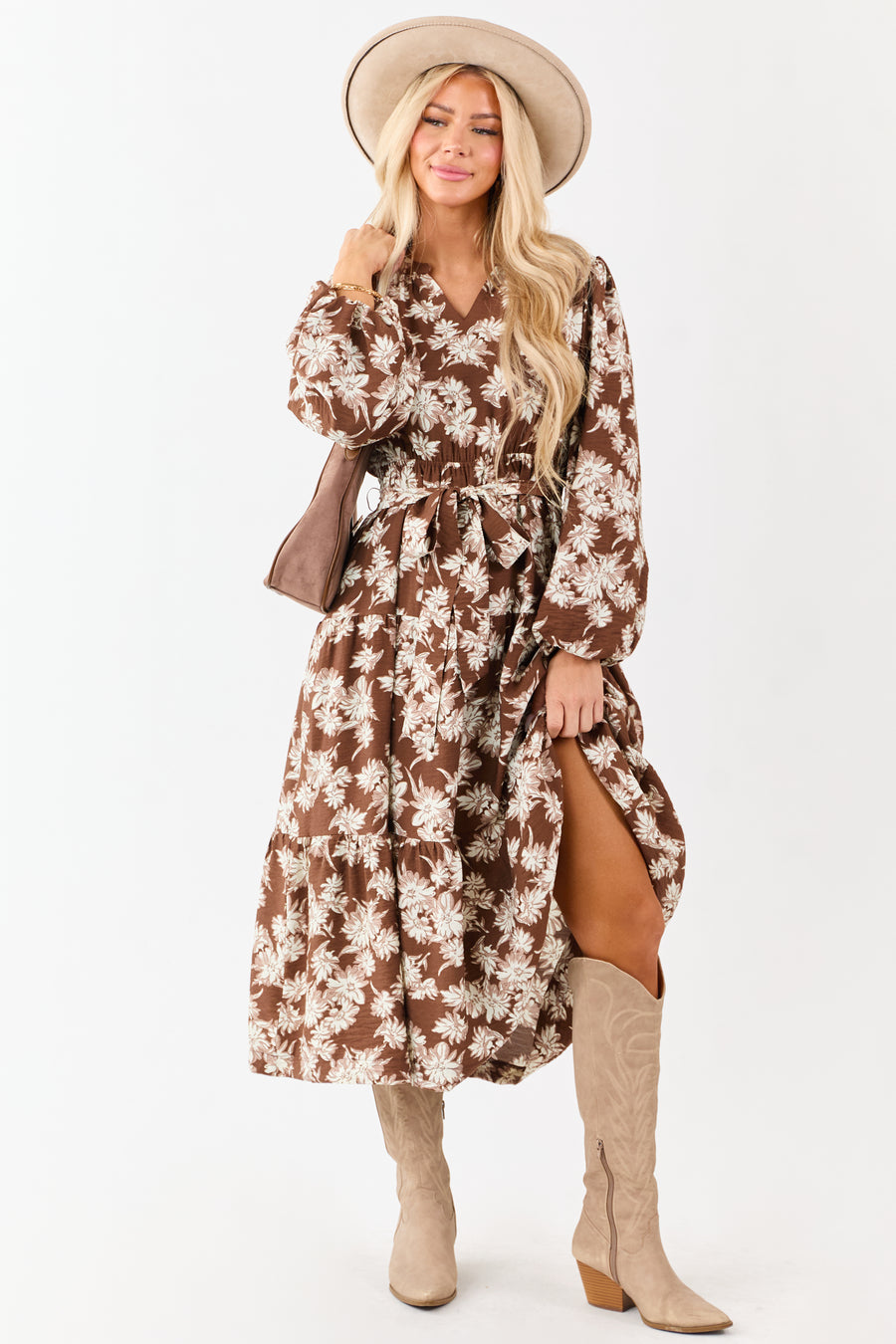 Light Cocoa Floral Waist Tie V-Neck Midi Dress