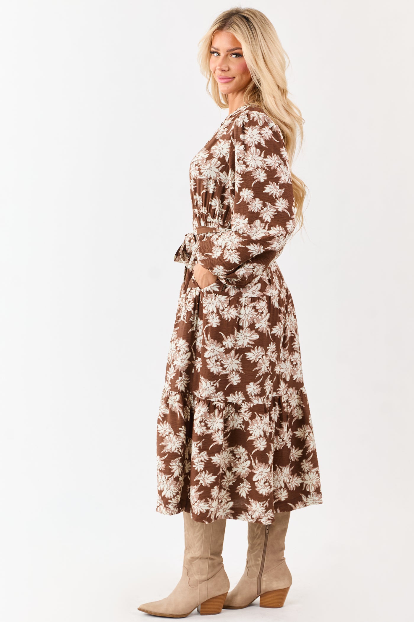 Light Cocoa Floral Waist Tie V-Neck Midi Dress
