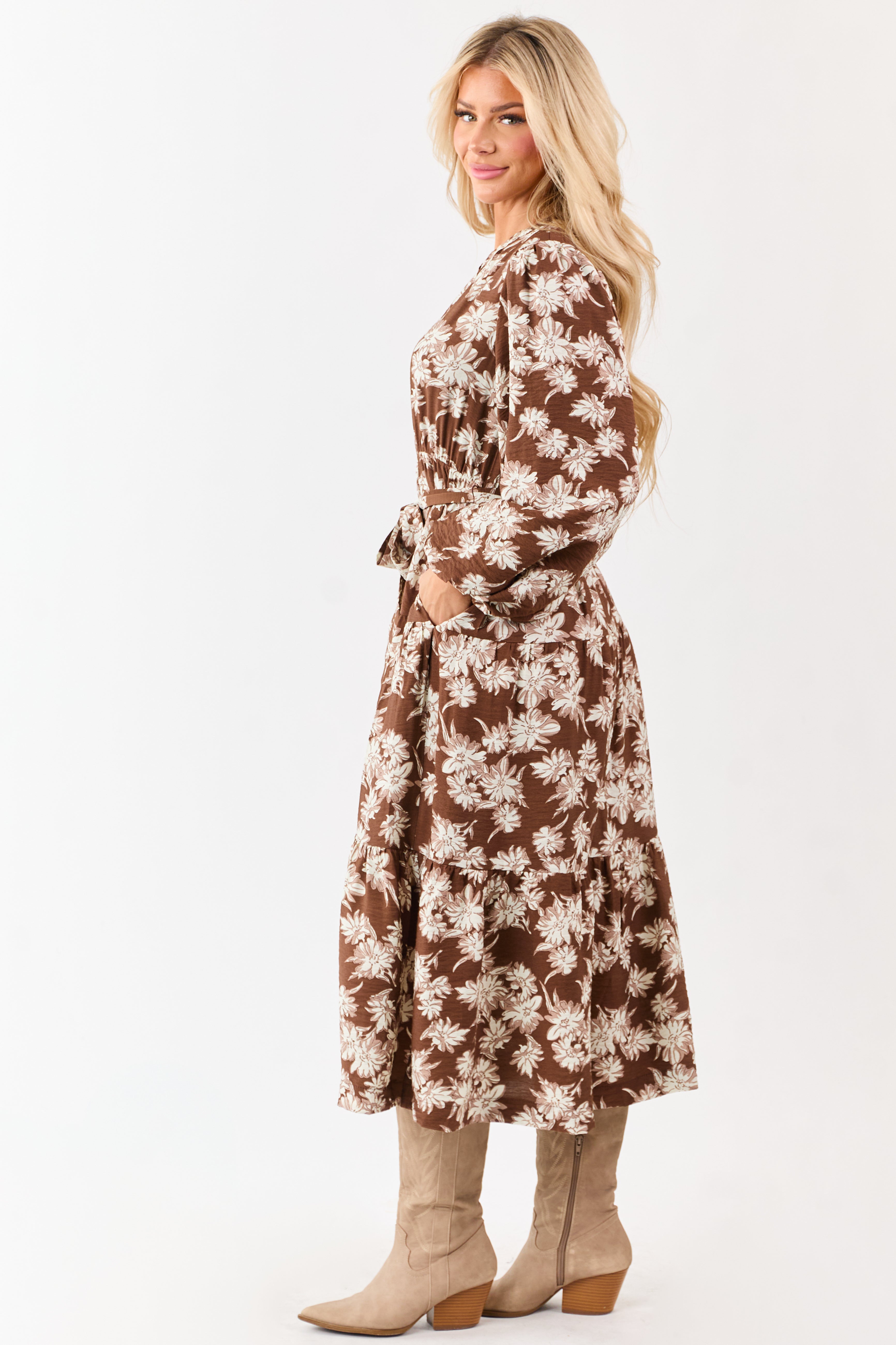Light Cocoa Floral Waist Tie V-Neck Midi Dress