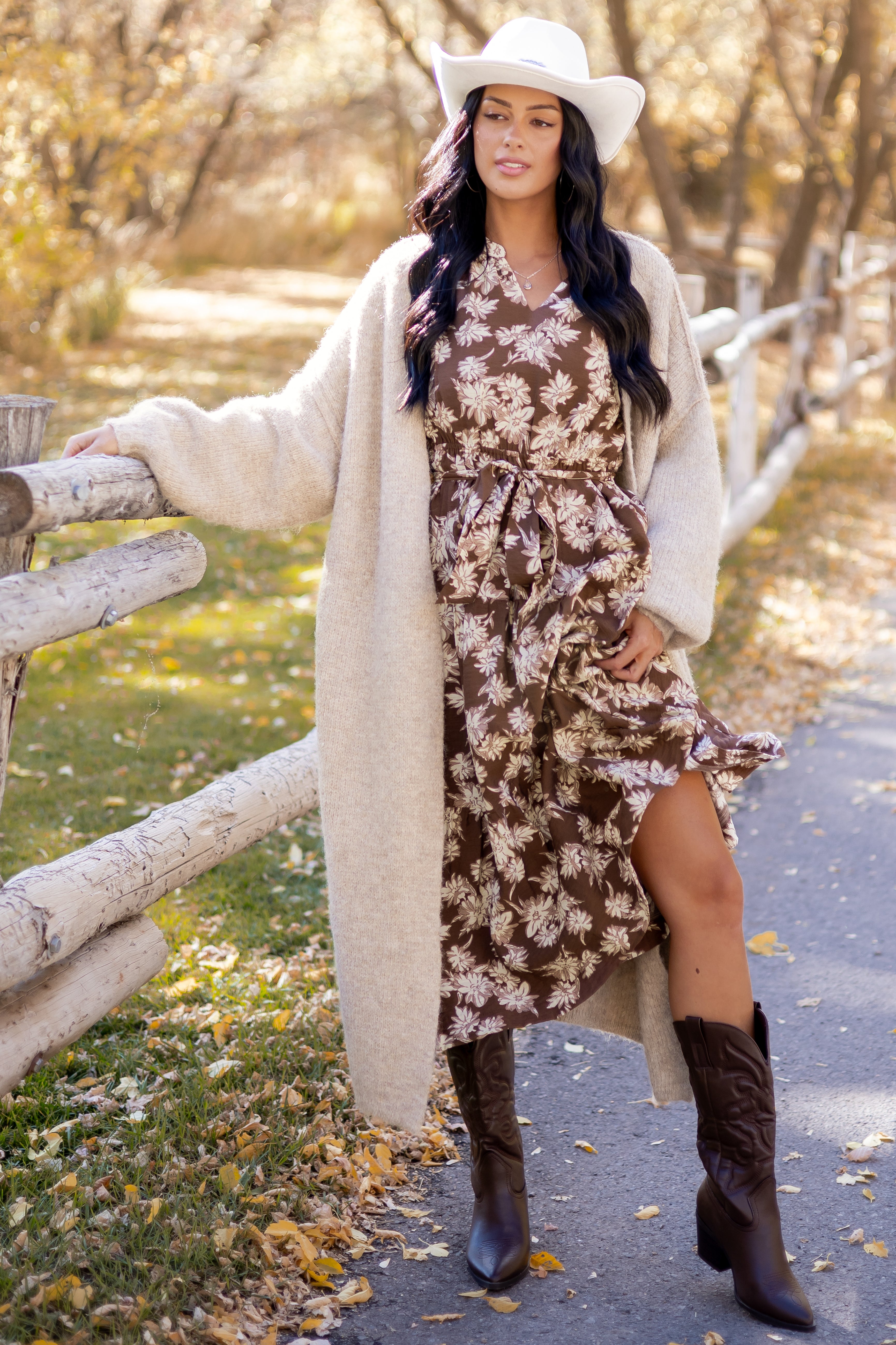 Light Cocoa Floral Waist Tie V-Neck Midi Dress