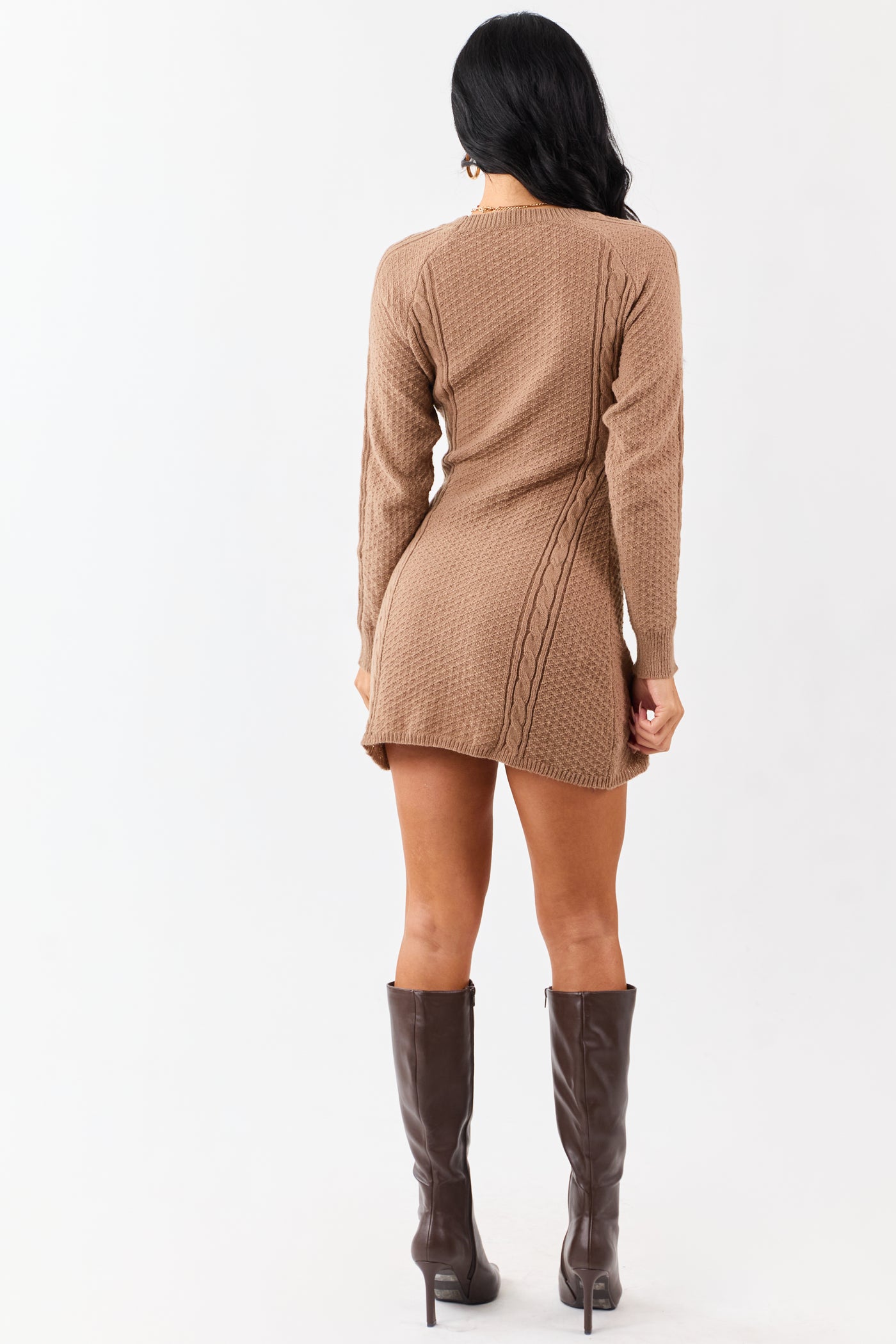 Light Coffee Cable Knit Long Sleeve Sweater Mini Dress
