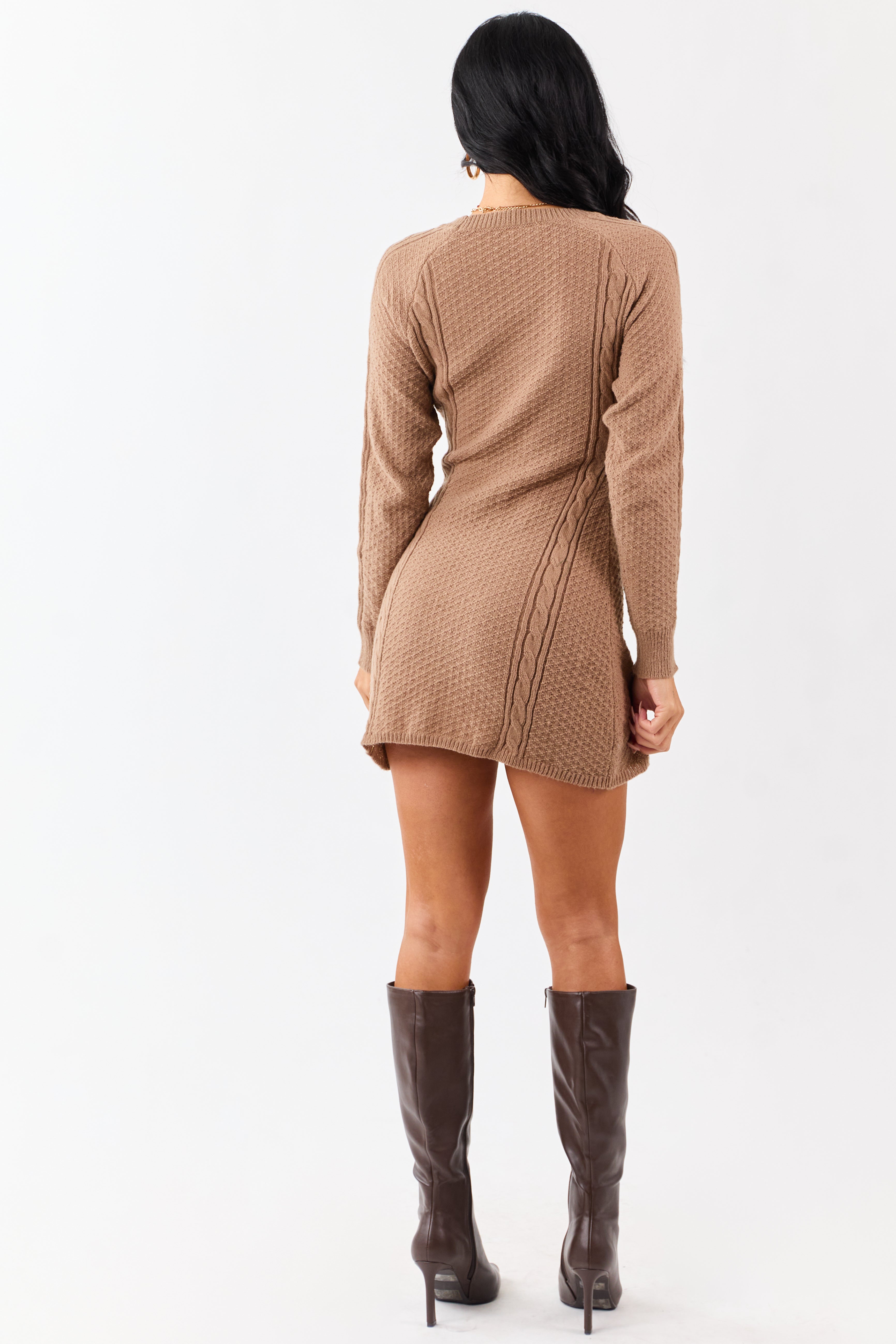 Light Coffee Cable Knit Long Sleeve Sweater Mini Dress