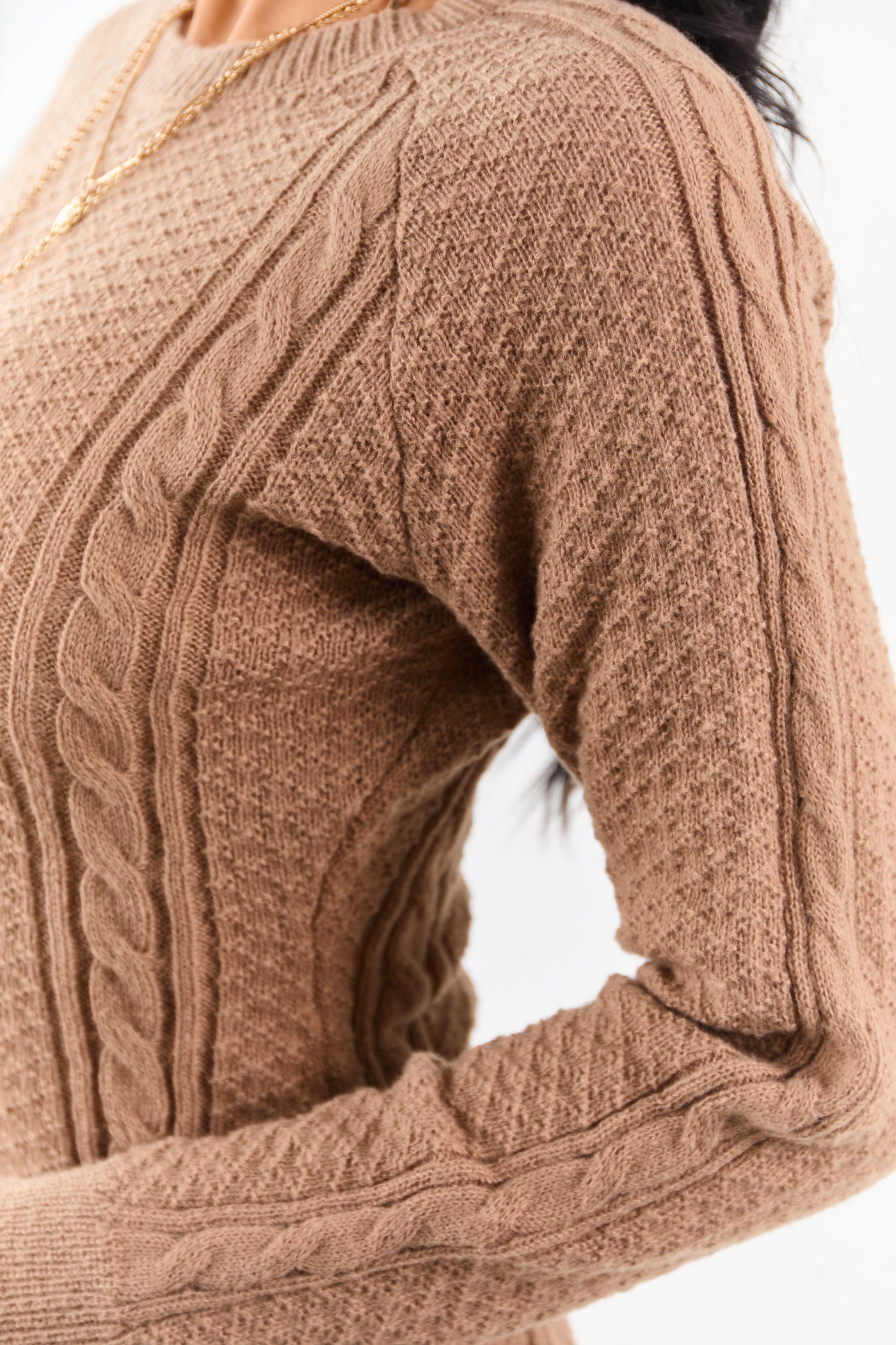 Light Coffee Cable Knit Long Sleeve Sweater Mini Dress