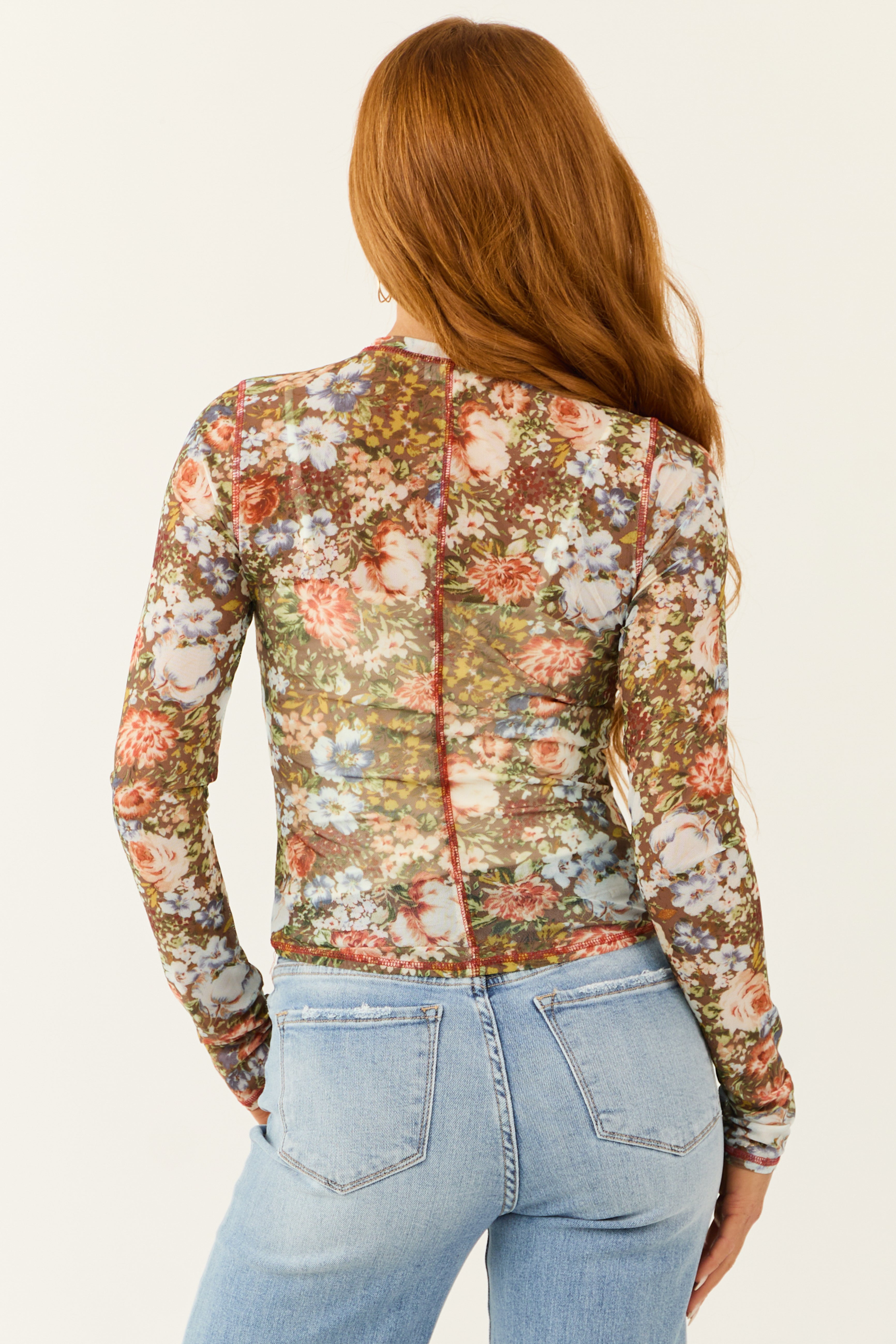 Light Coffee Long Sleeve Floral Print Mesh Top