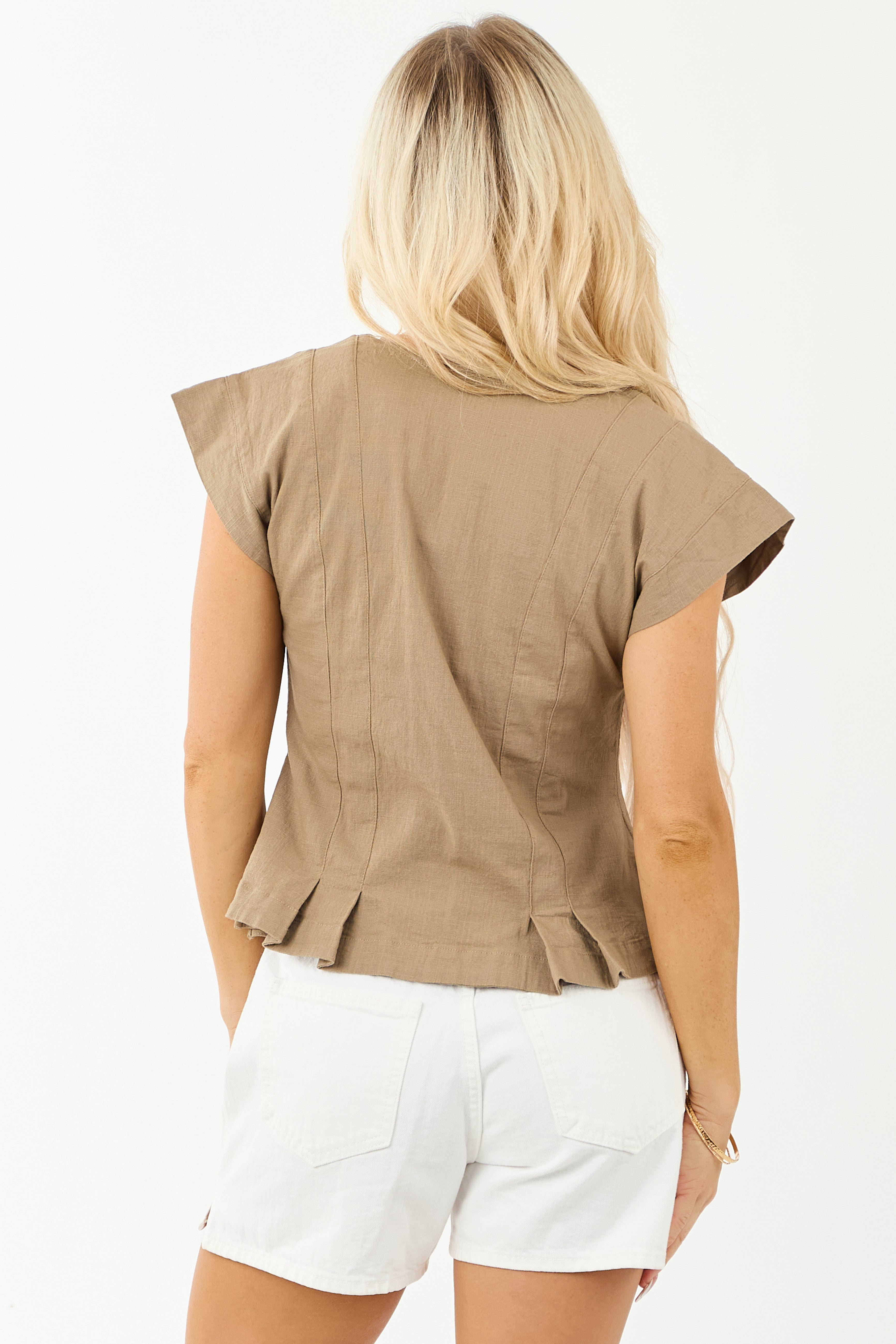 Light Coffee Pleated Hem Button Up Cap Sleeve Top