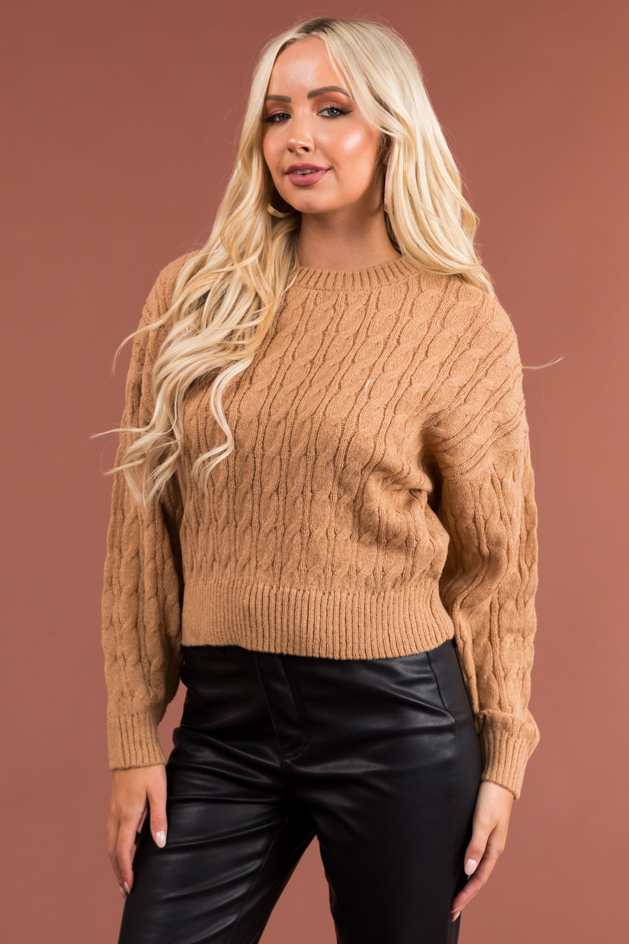 Light Copper Cable Knit Long Sleeve Sweater