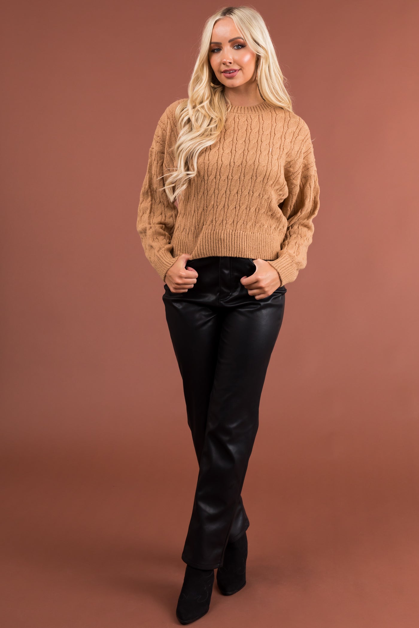 Light Copper Cable Knit Long Sleeve Sweater