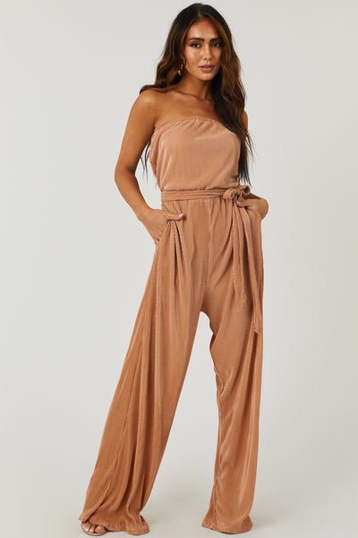 Light Copper Strapless Wide Leg Plisse Jumpsuit
