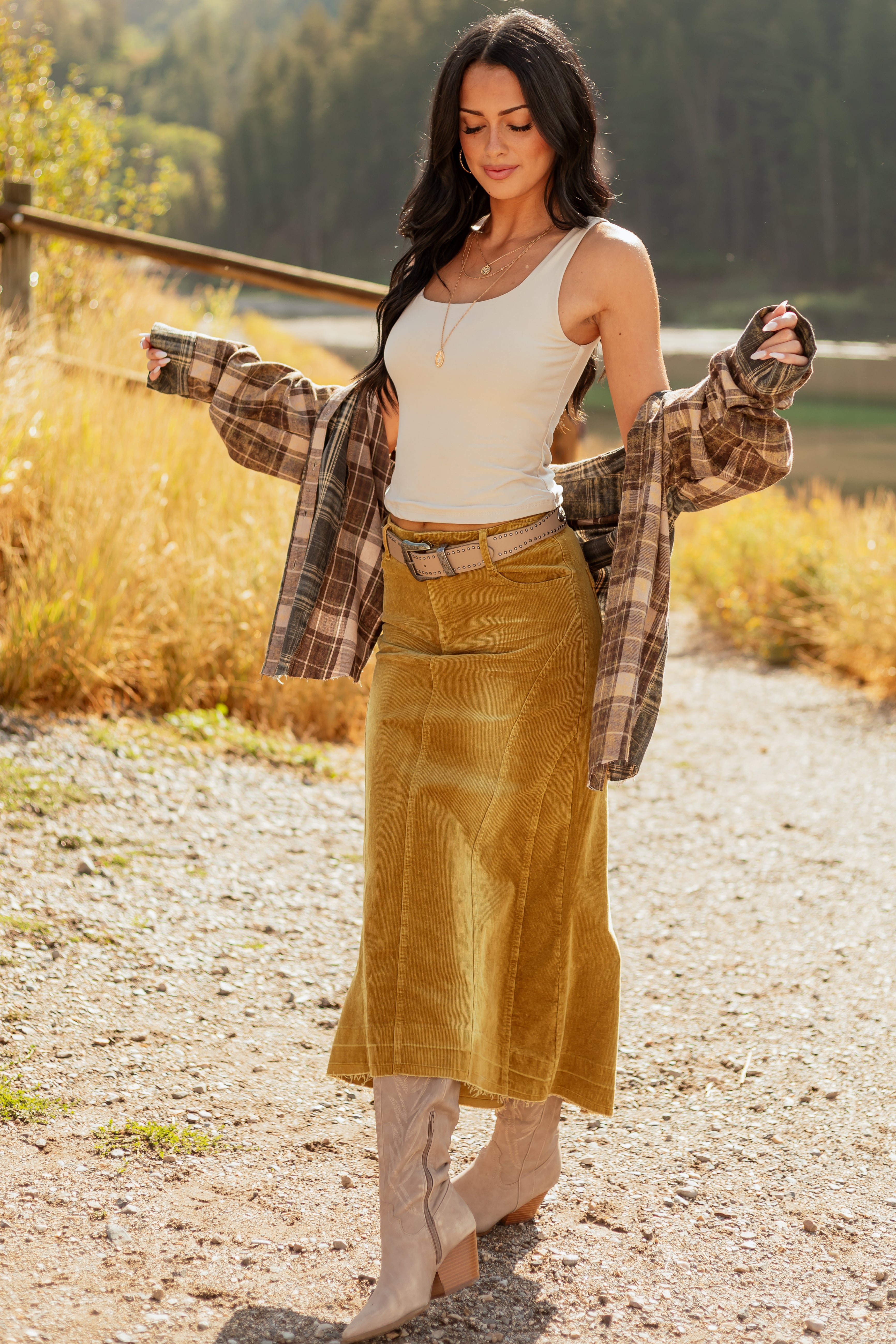 Light Copper Washed Corduroy High Low Midi Skirt