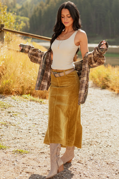 Light Copper Washed Corduroy High Low Midi Skirt