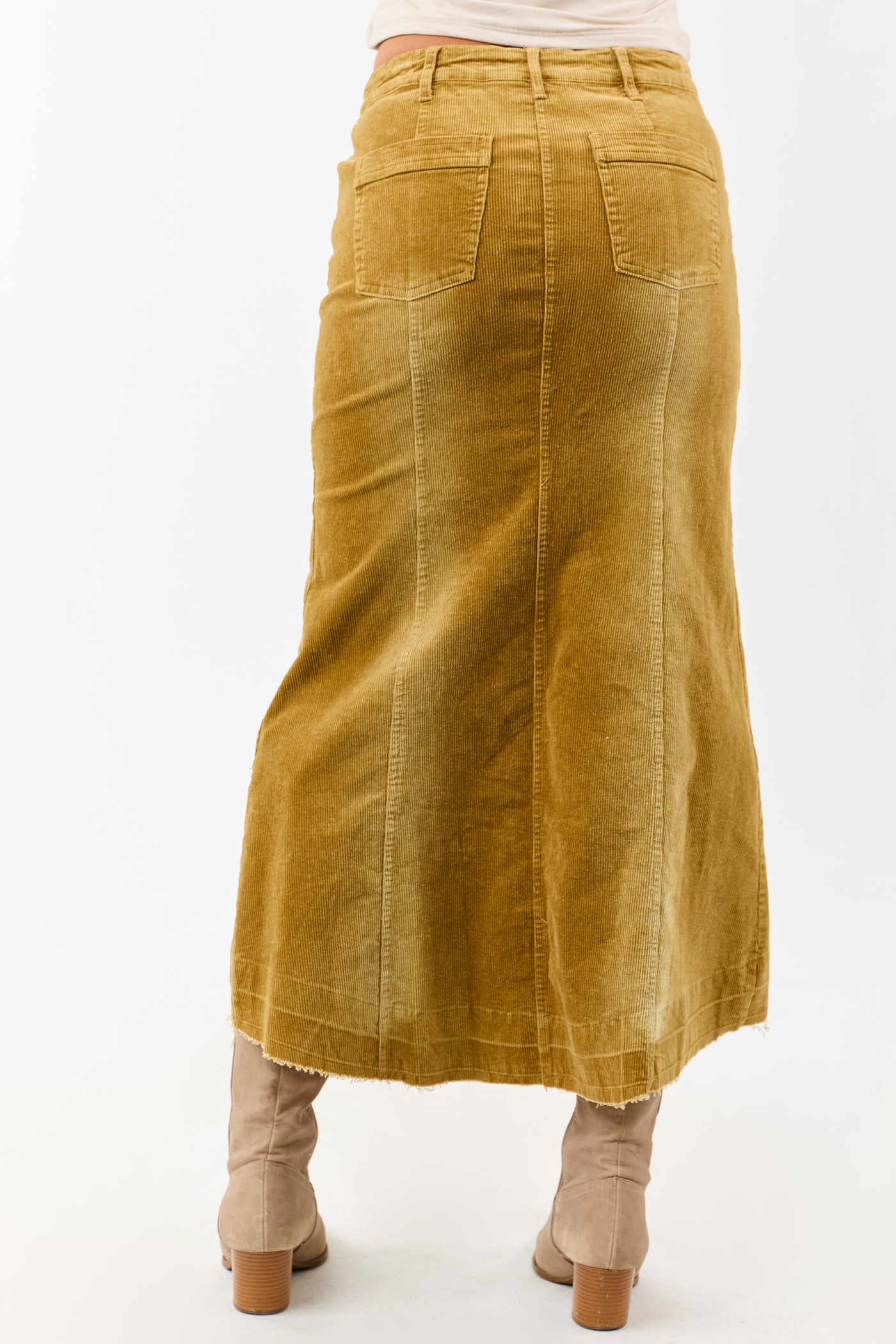 Light Copper Washed Corduroy High Low Midi Skirt