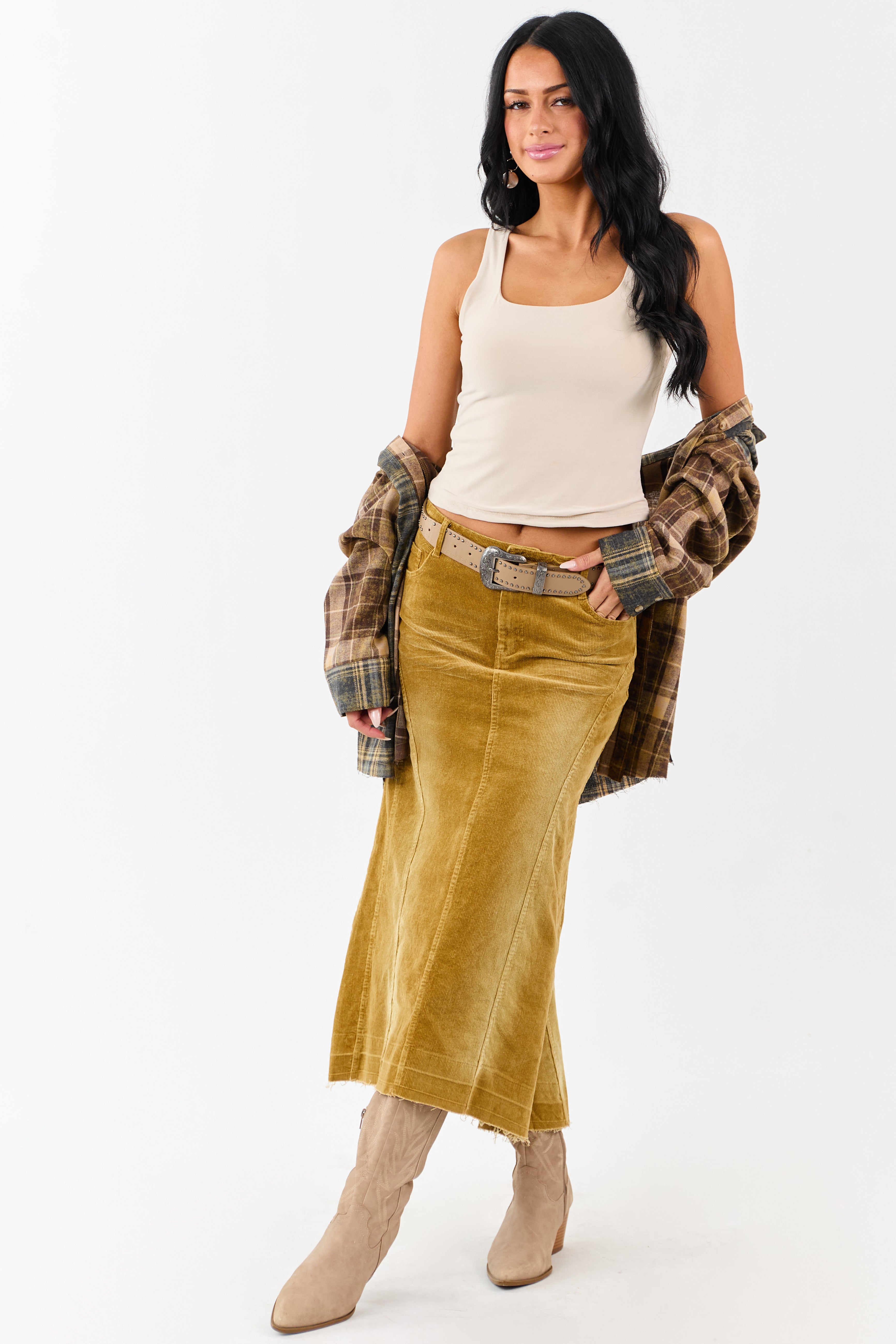 Light Copper Washed Corduroy High Low Midi Skirt