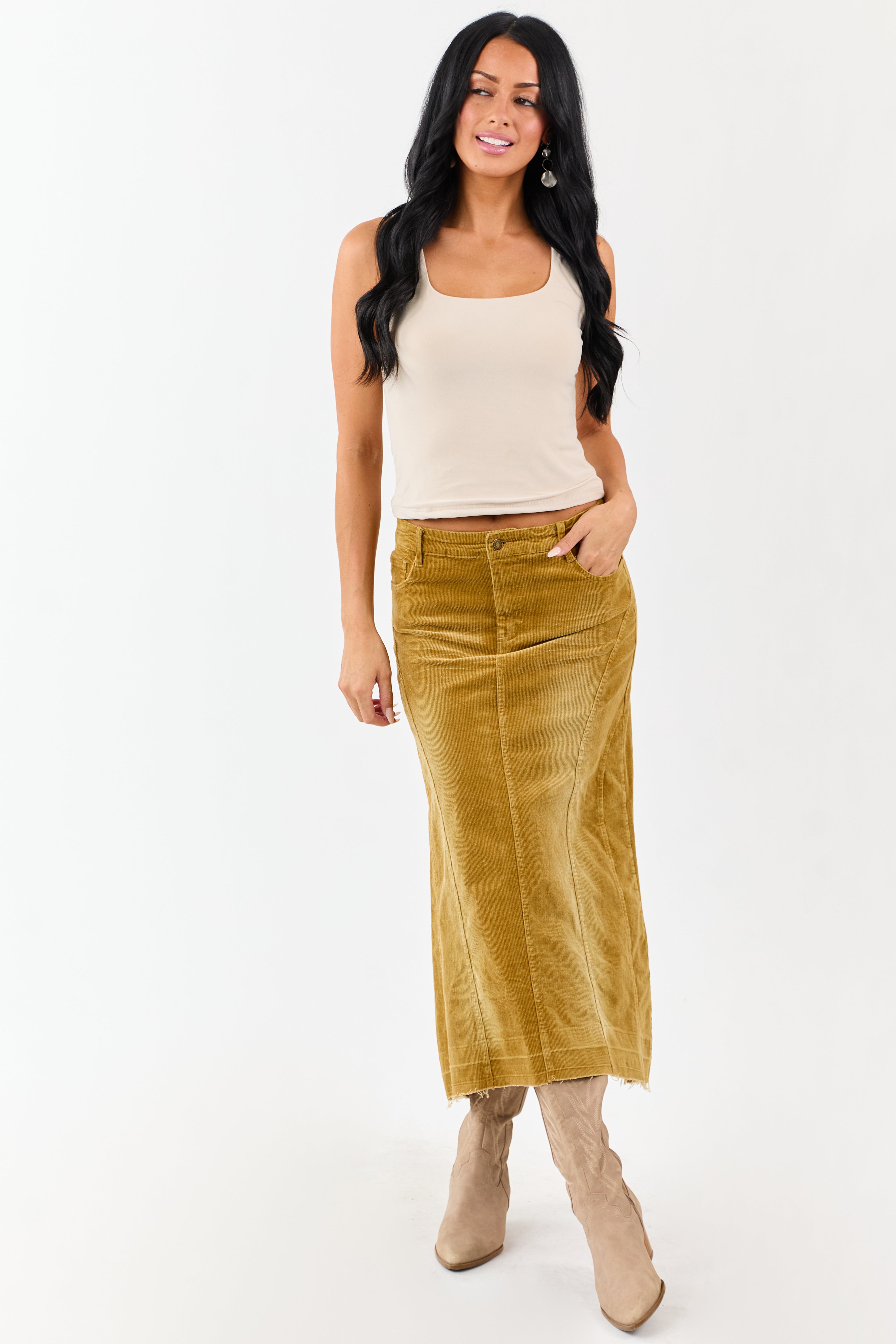Light Copper Washed Corduroy High Low Midi Skirt