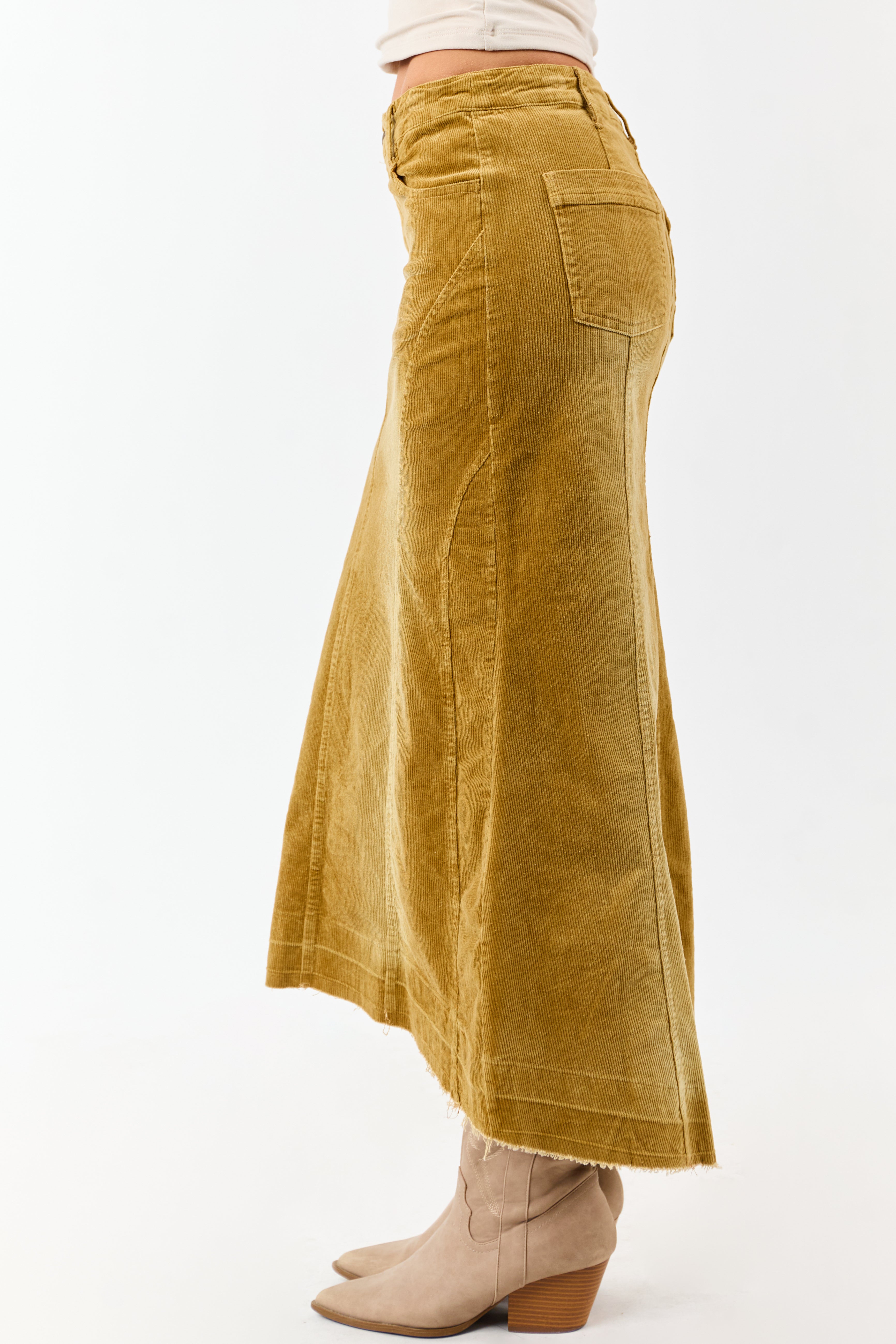Light Copper Washed Corduroy High Low Midi Skirt