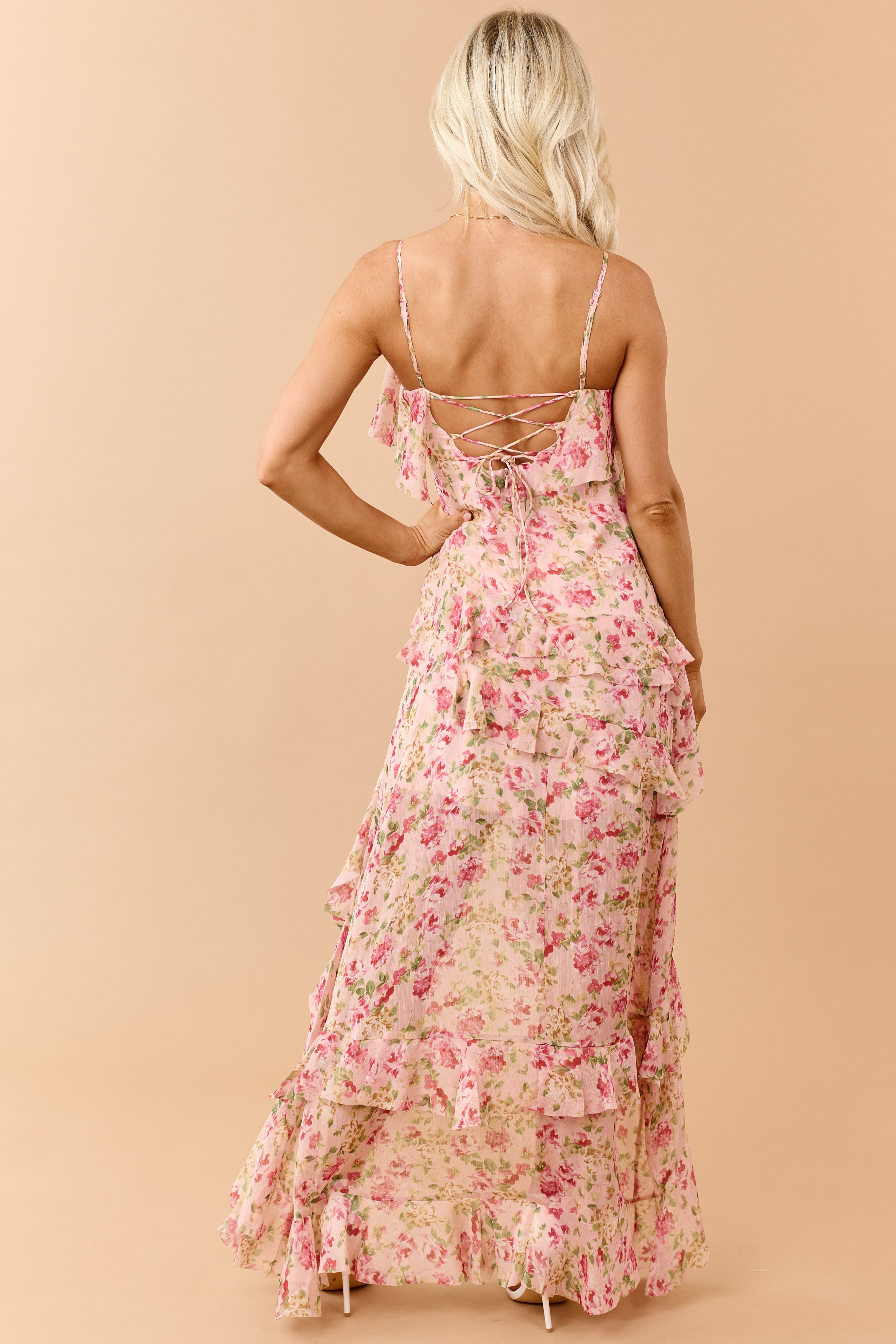 Light Coral Floral Chiffon Ruffle High Low Maxi Dress