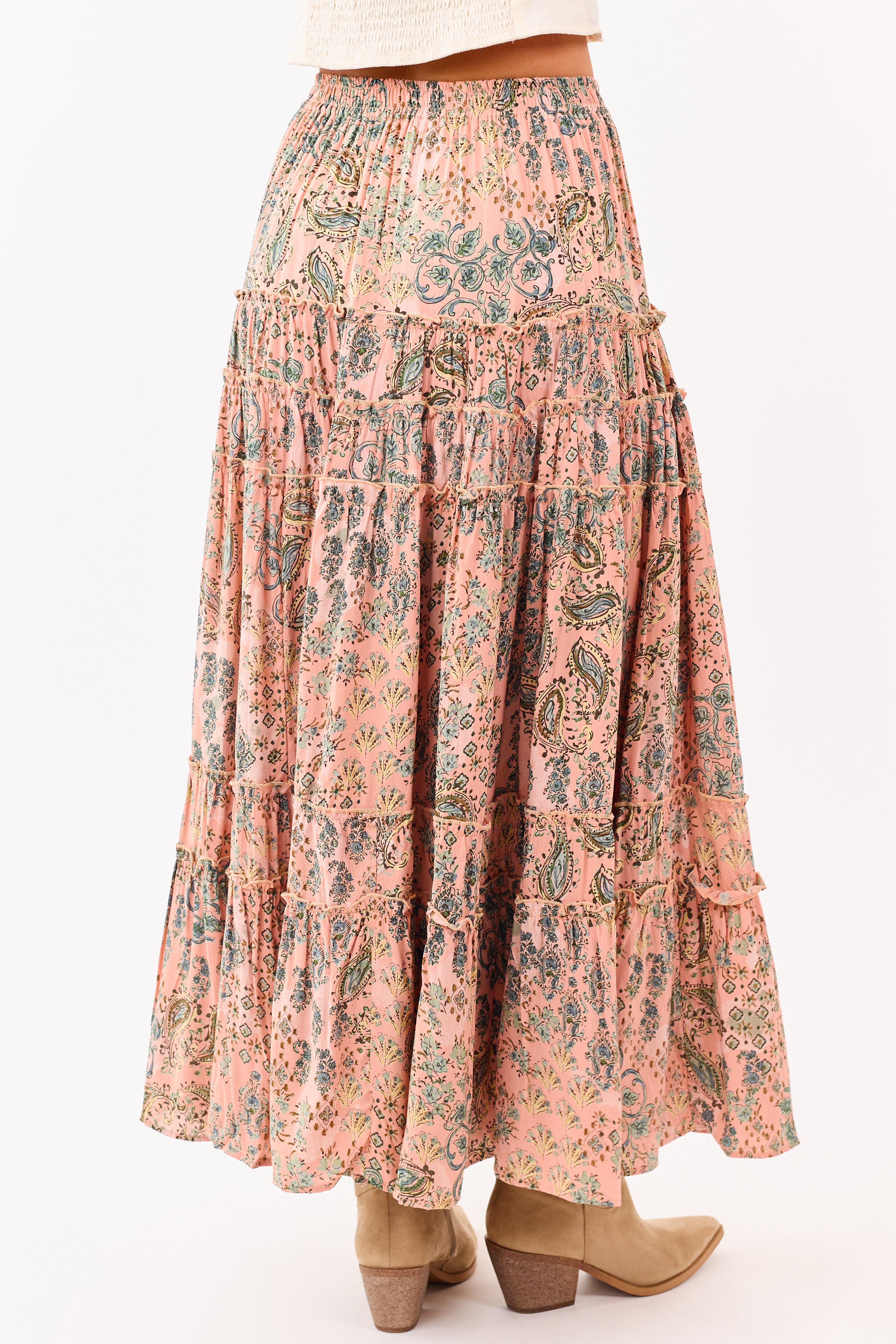 Light Coral Paisley Floral Frill Tiered Maxi Skirt