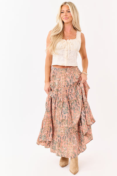 Light Coral Paisley Floral Frill Tiered Maxi Skirt | Lime Lush