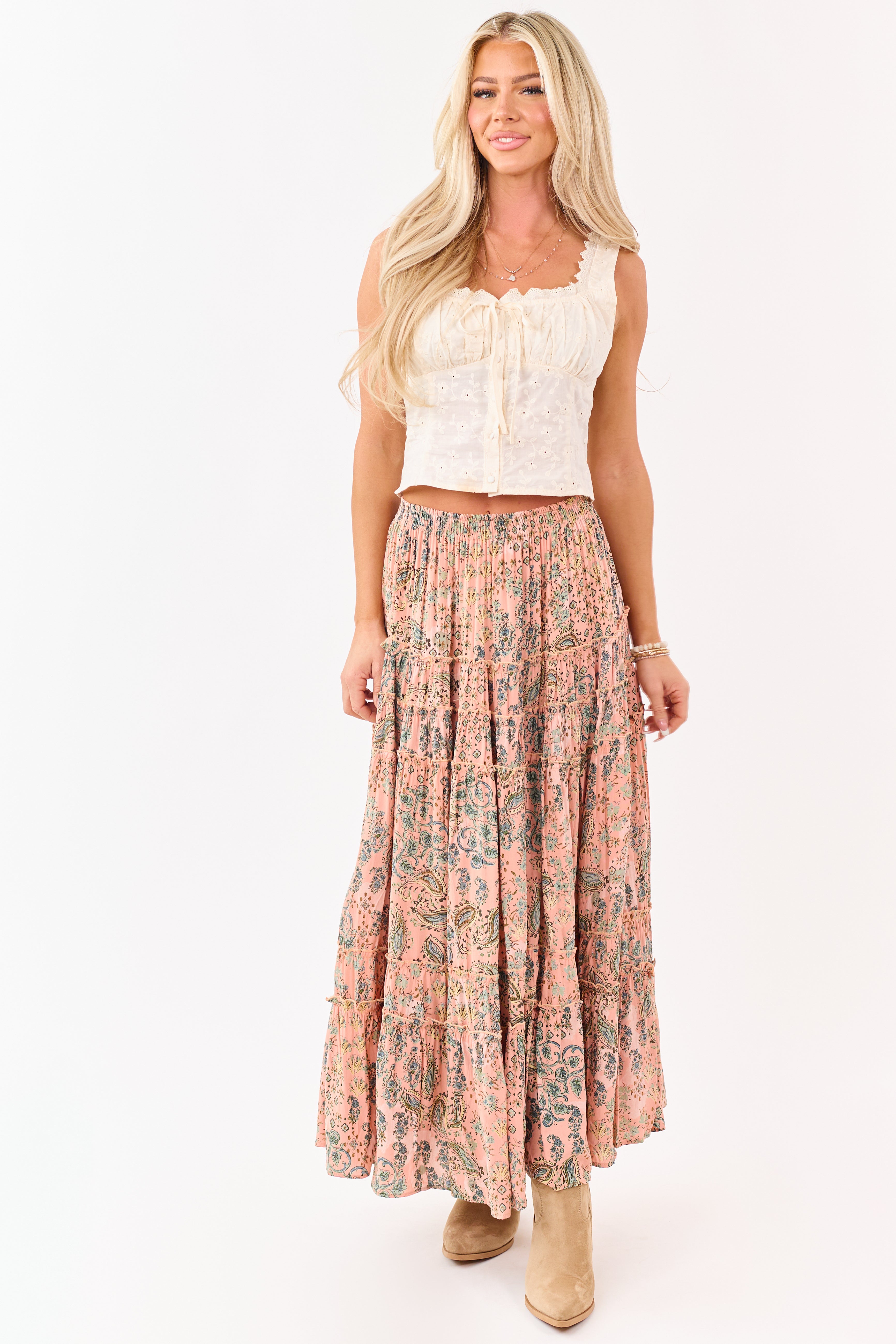 Light Coral Paisley Floral Frill Tiered Maxi Skirt | Lime Lush