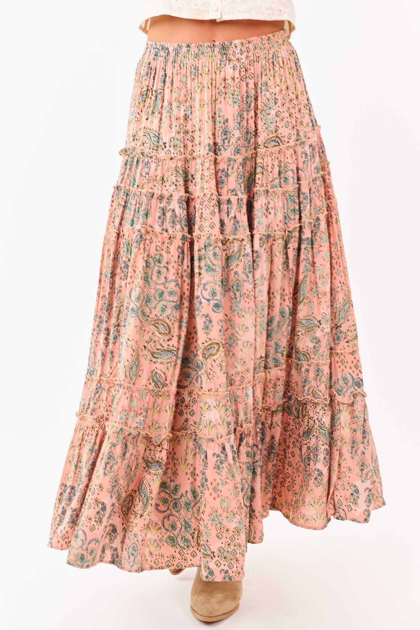 Light Coral Paisley Floral Frill Tiered Maxi Skirt