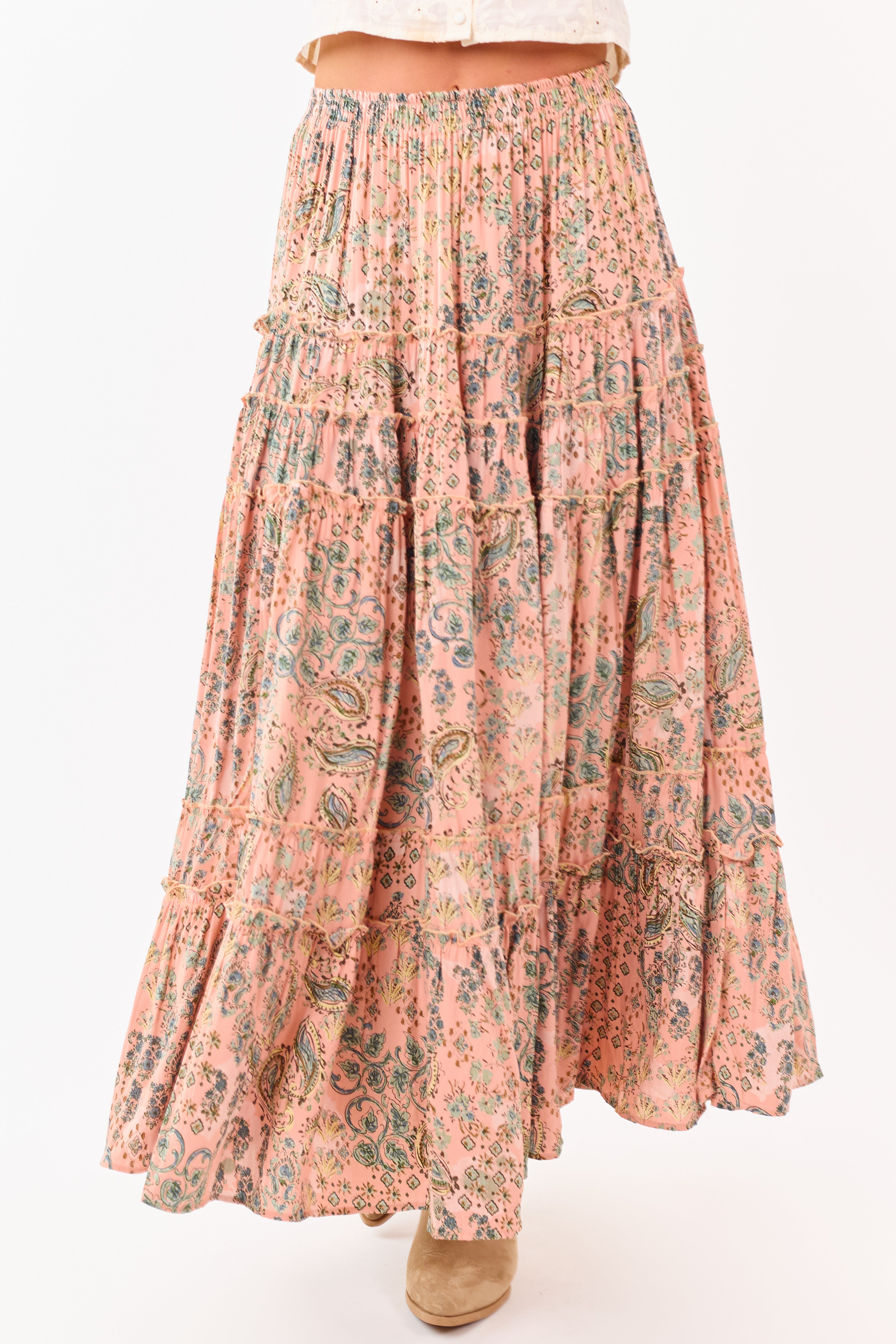Light Coral Paisley Floral Frill Tiered Maxi Skirt
