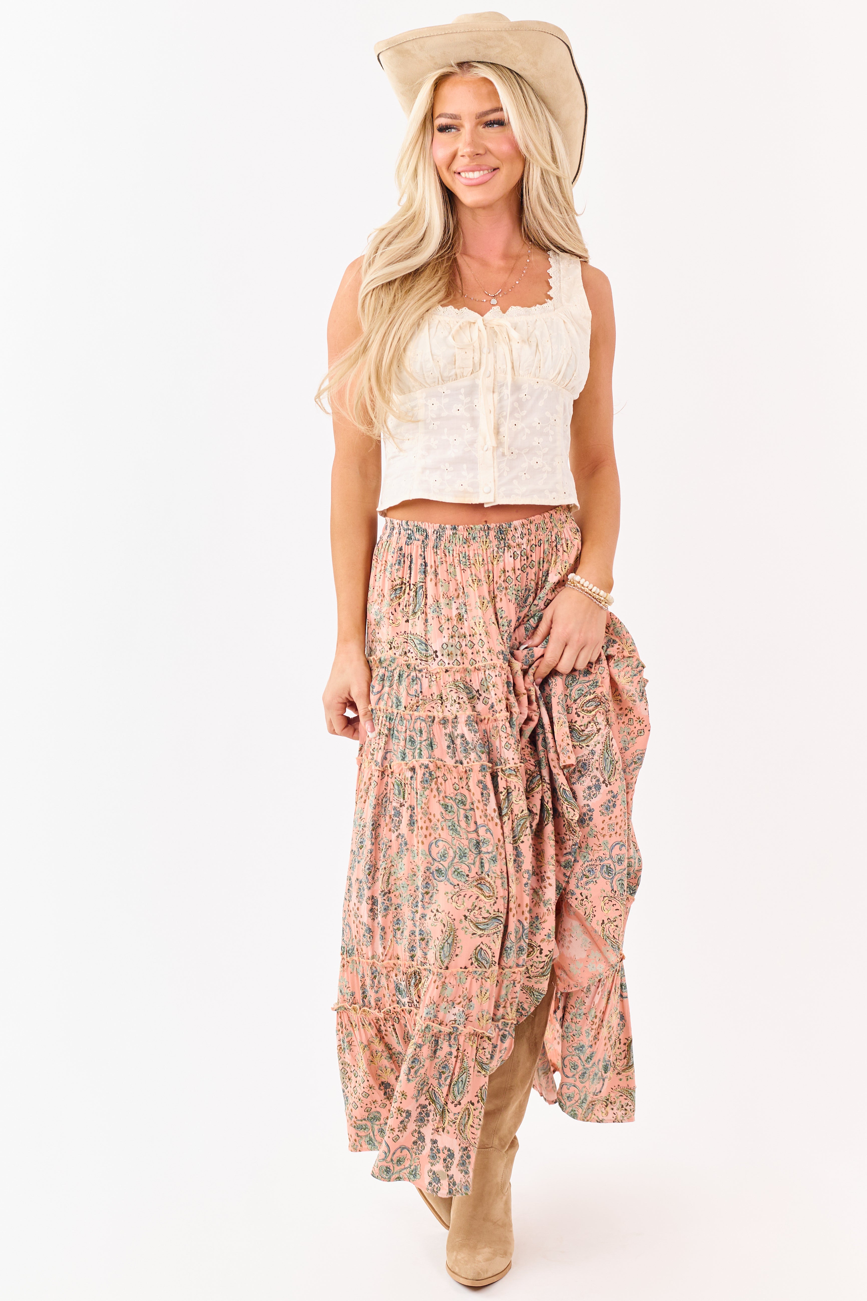Light Coral Paisley Floral Frill Tiered Maxi Skirt | Lime Lush