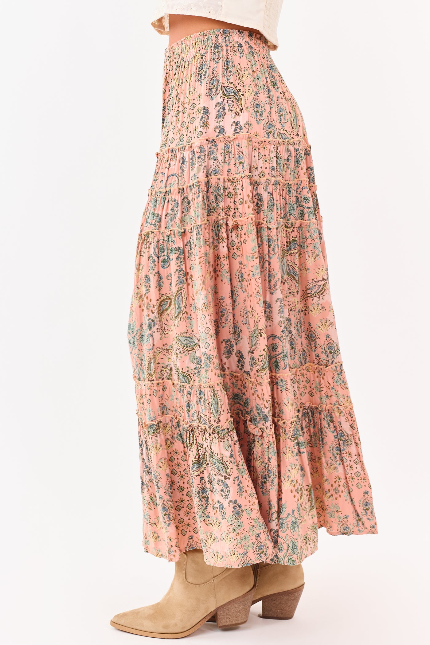 Light Coral Paisley Floral Frill Tiered Maxi Skirt