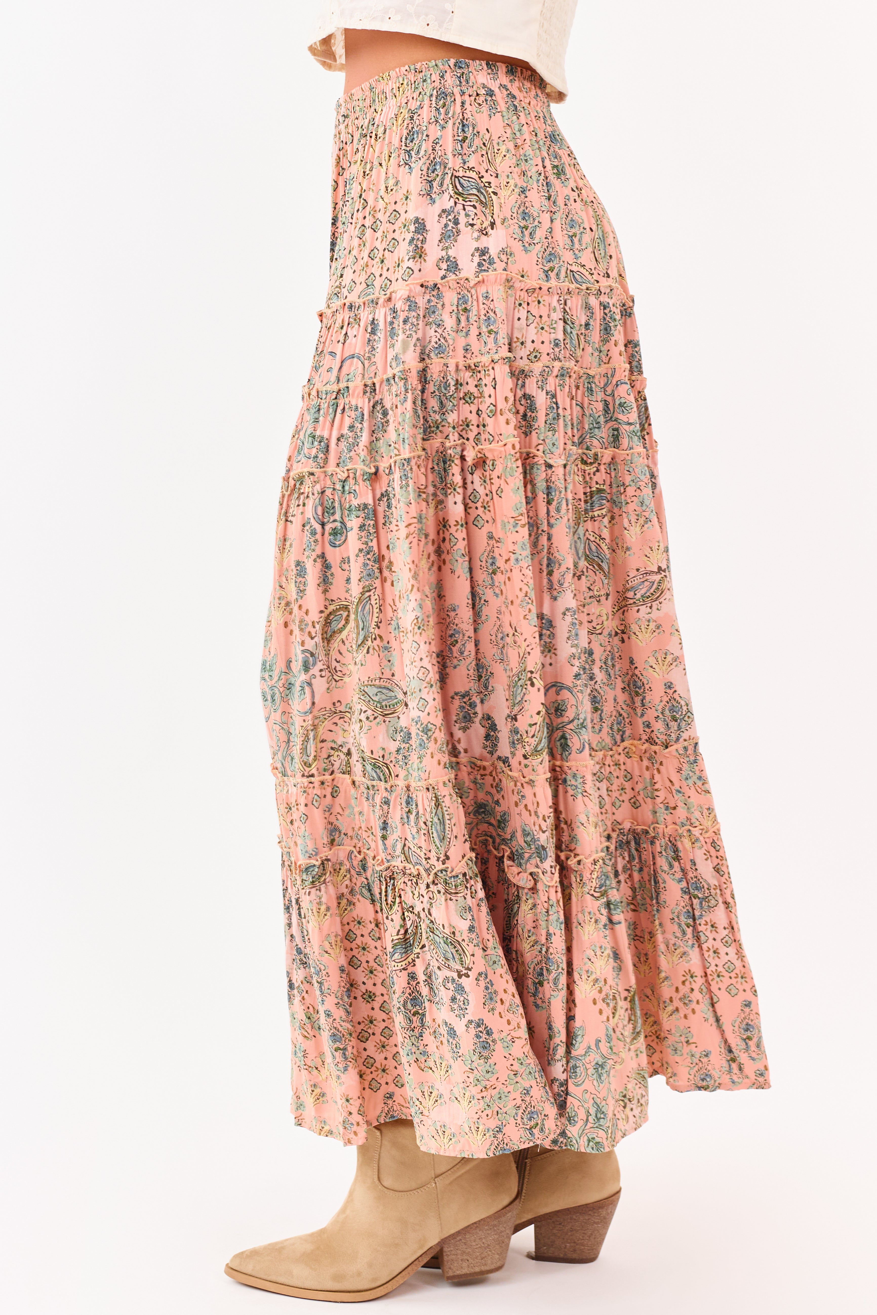 Light Coral Paisley Floral Frill Tiered Maxi Skirt