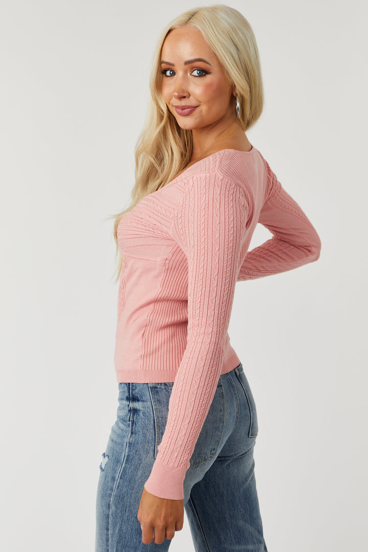 Light Coral Sweetheart Fitted Cable Knit Sweater