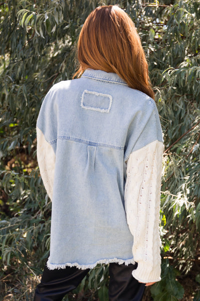 Light Denim Shacket with Cable Knit Sleeves