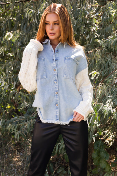 Light Denim Shacket with Cable Knit Sleeves