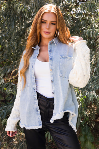 Light Denim Shacket with Cable Knit Sleeves