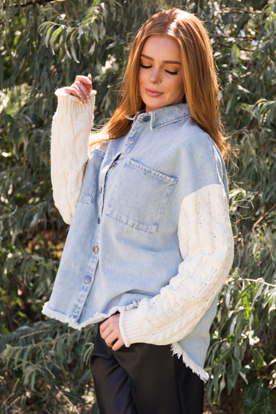 Light Denim Shacket with Cable Knit Sleeves