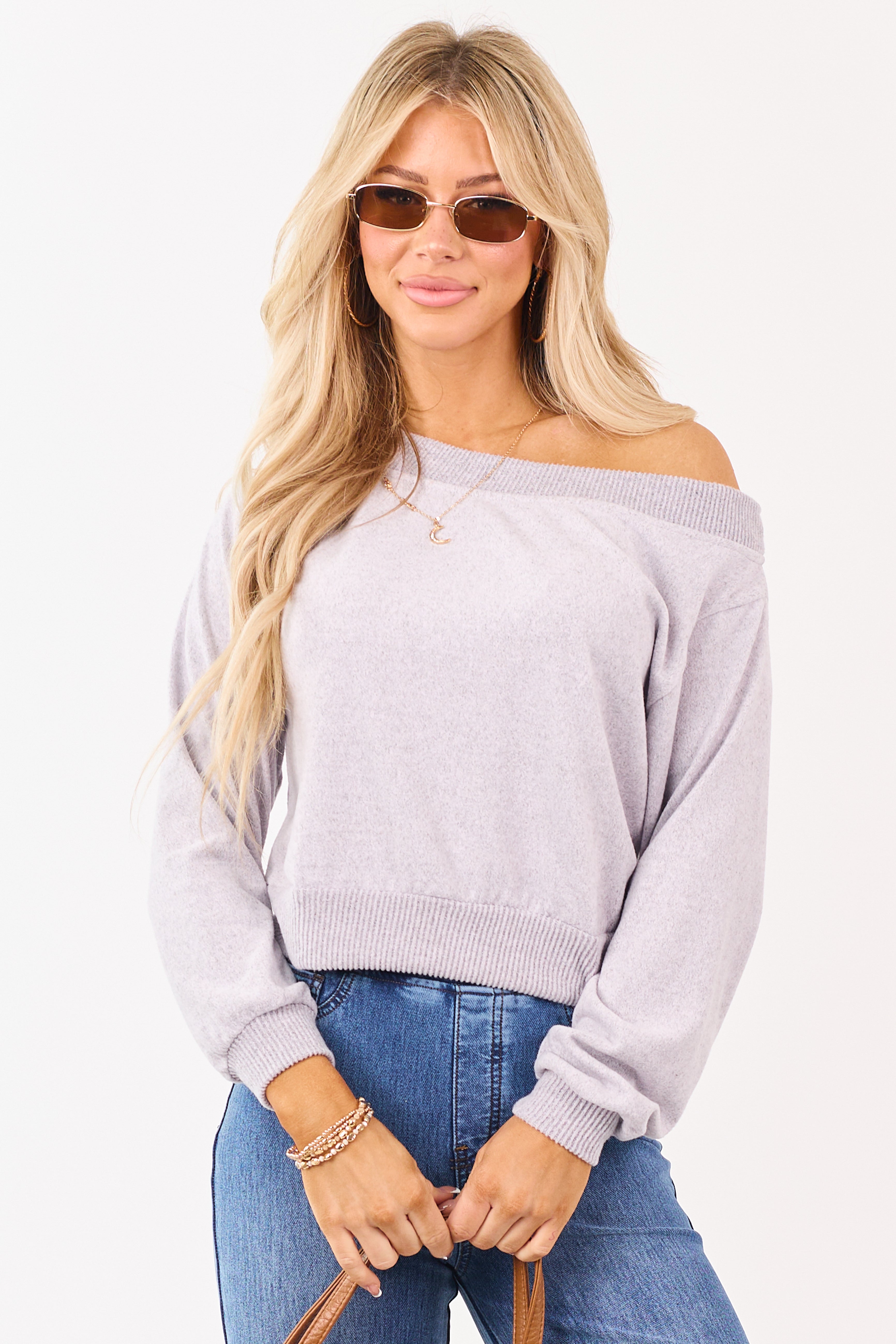 Pale Lilac Off Shoulder Relaxed Knit Top