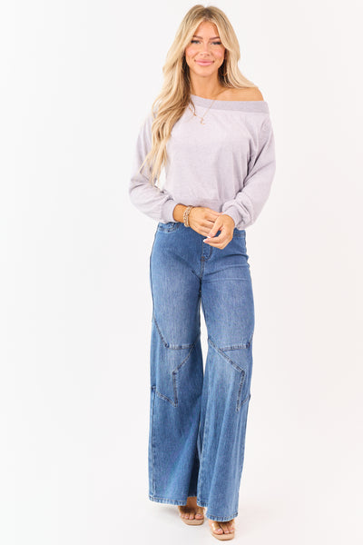Pale Lilac Off Shoulder Relaxed Knit Top