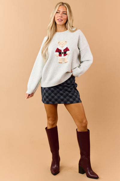 Light Heather Grey Santa Teddy Bear Relaxed Sweater