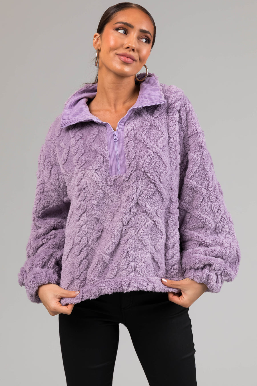 Light Iris Fuzzy Fleece Cable Pattern Sweater