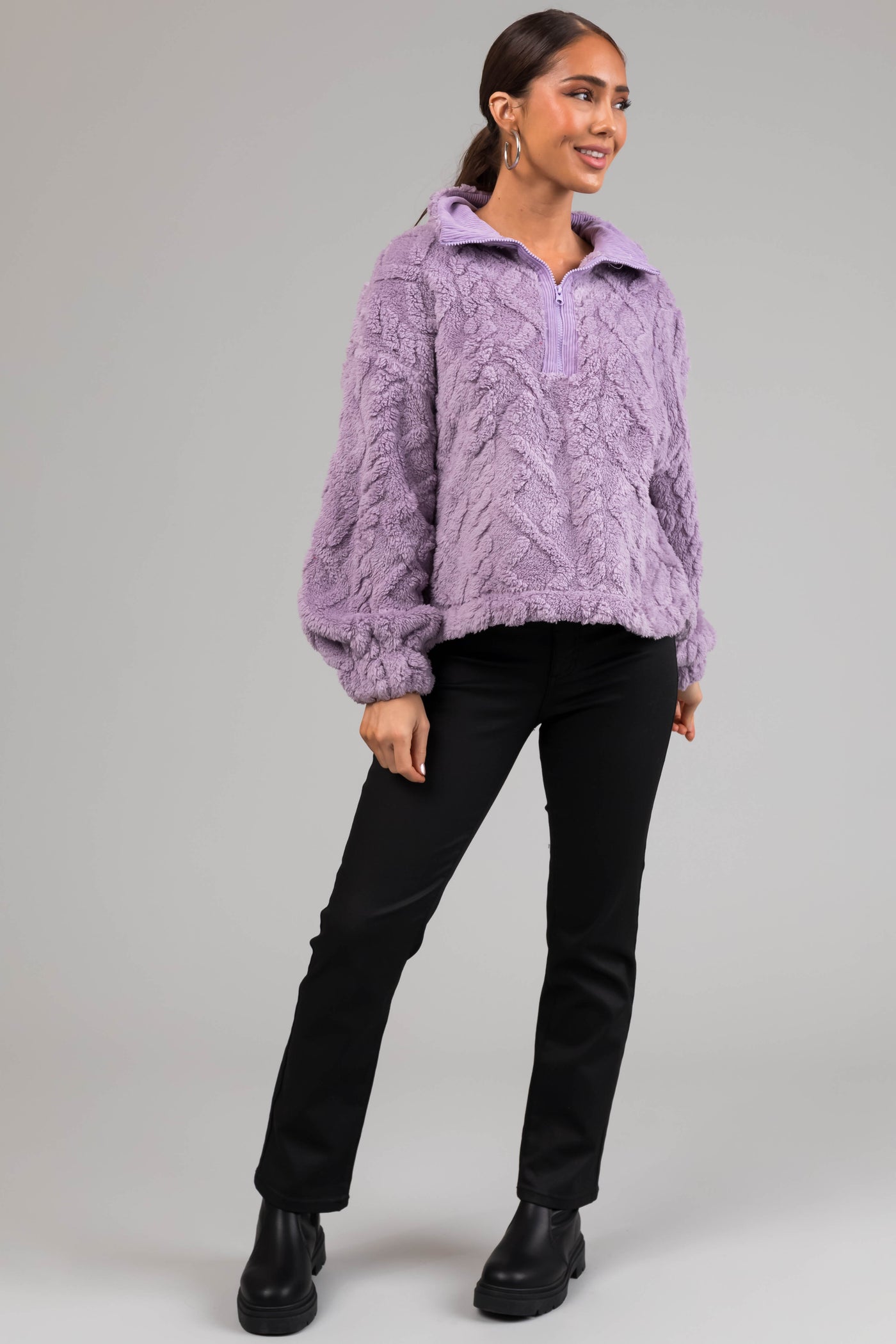 Light Iris Fuzzy Fleece Cable Pattern Sweater