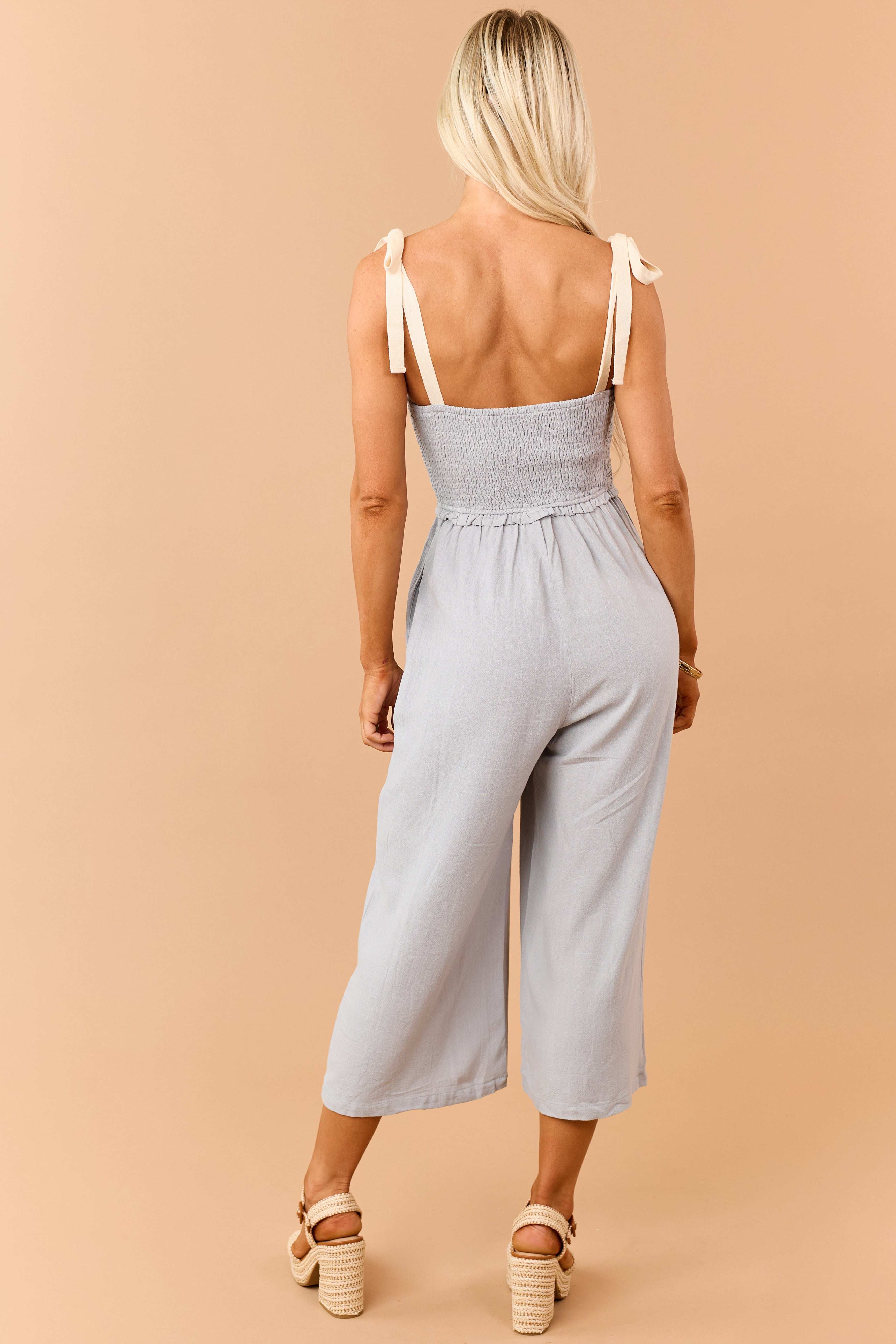 Light Juniper Linen Blend Smocked Jumpsuit | Lime Lush Boutique