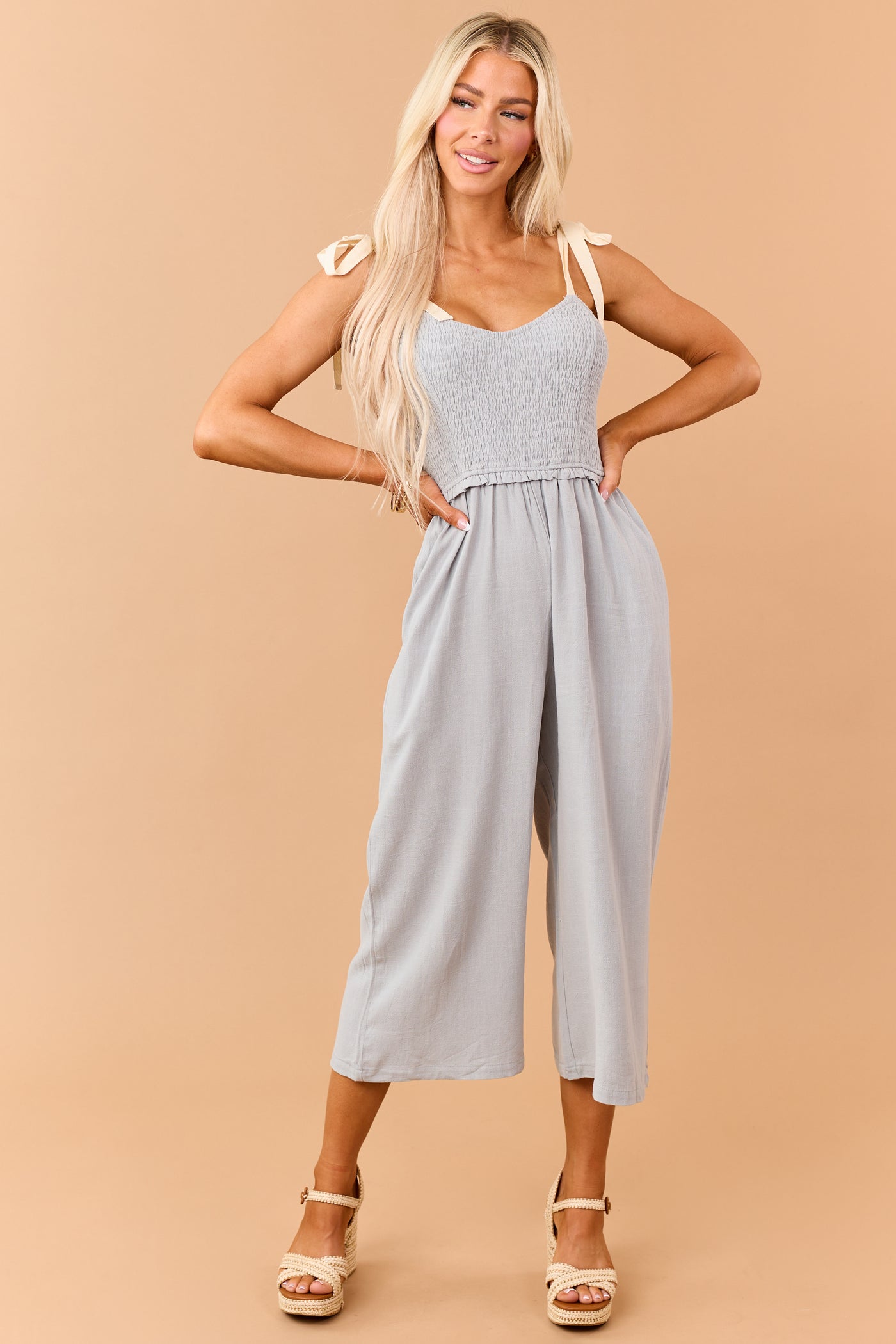 Light Juniper Linen Blend Smocked Jumpsuit