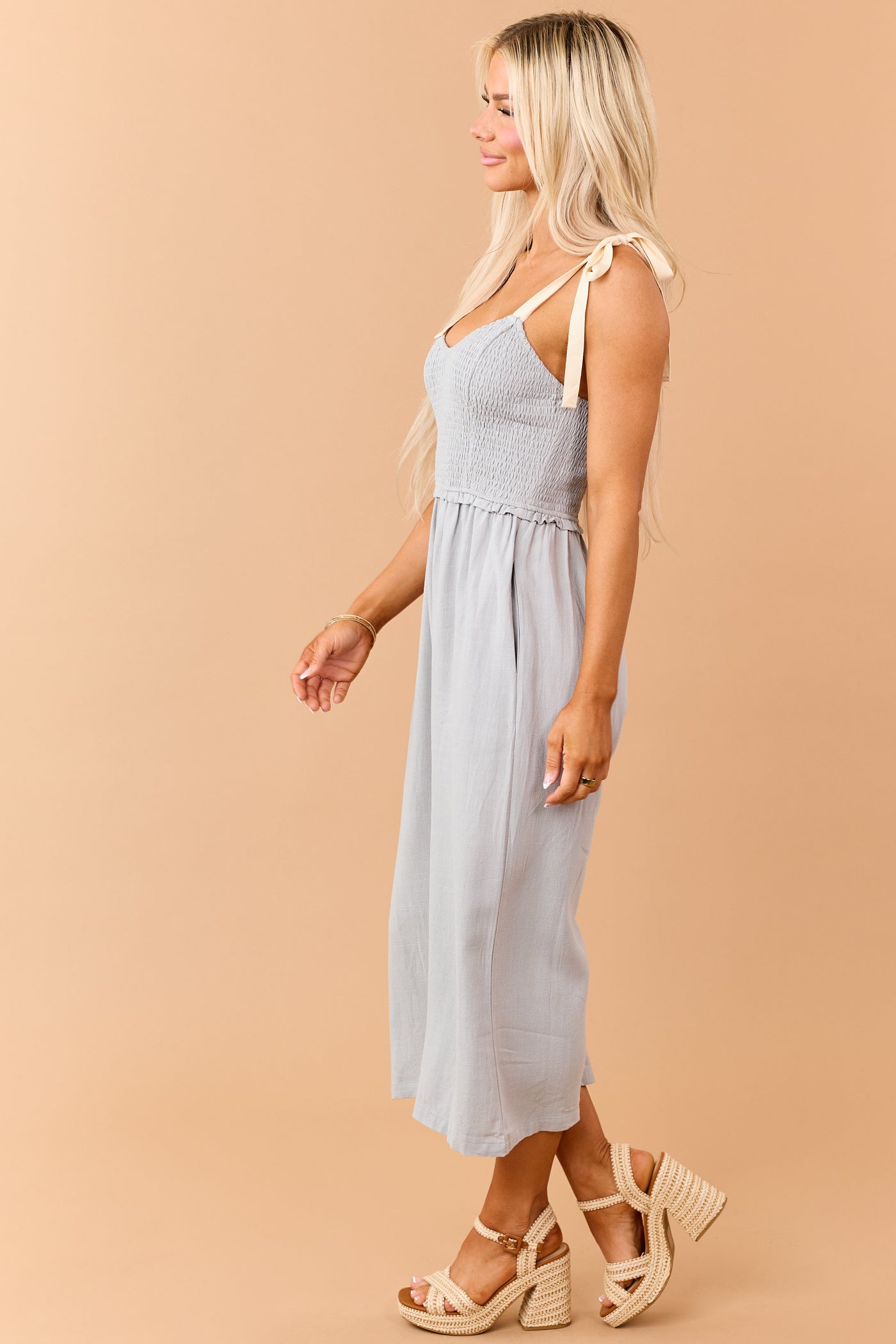 Light Juniper Linen Blend Smocked Jumpsuit