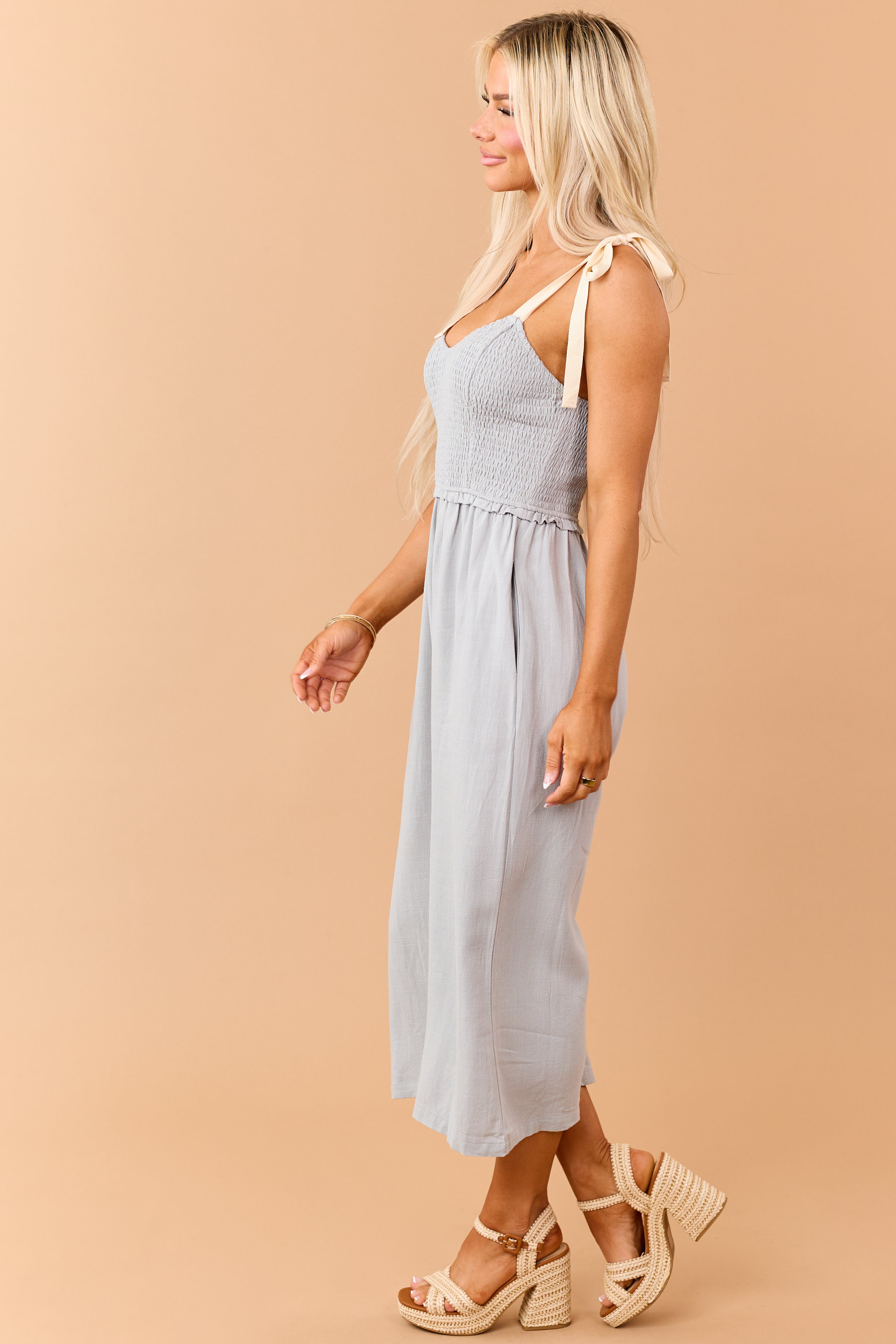 Light Juniper Linen Blend Smocked Jumpsuit