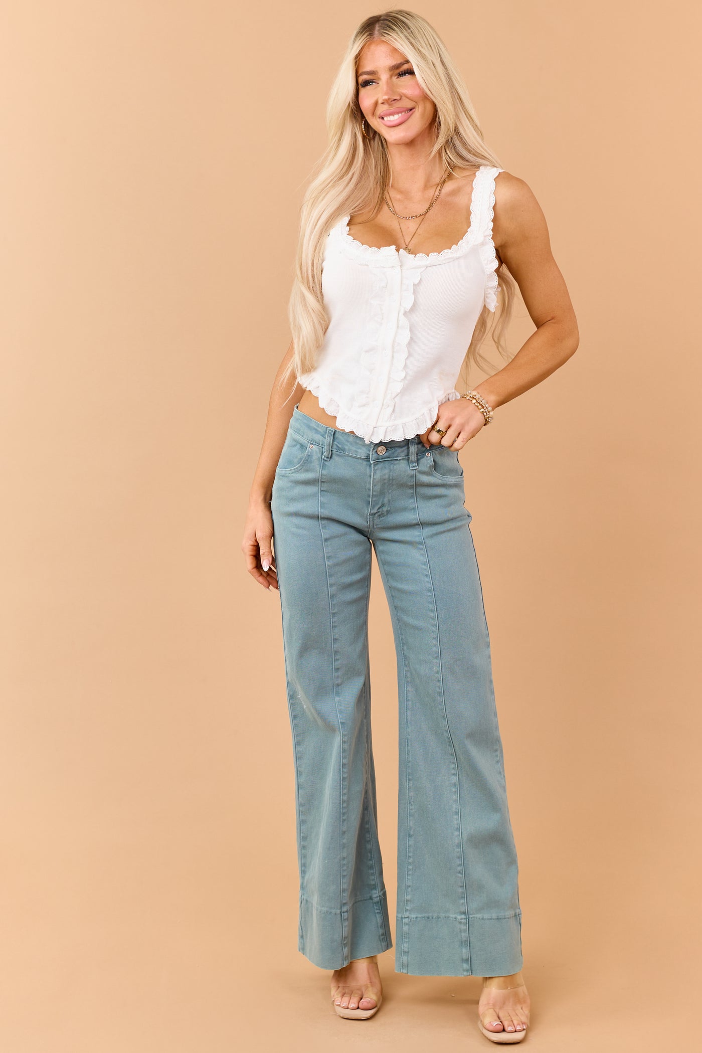Light Juniper Mid Rise Stretchy Wide Leg Jeans